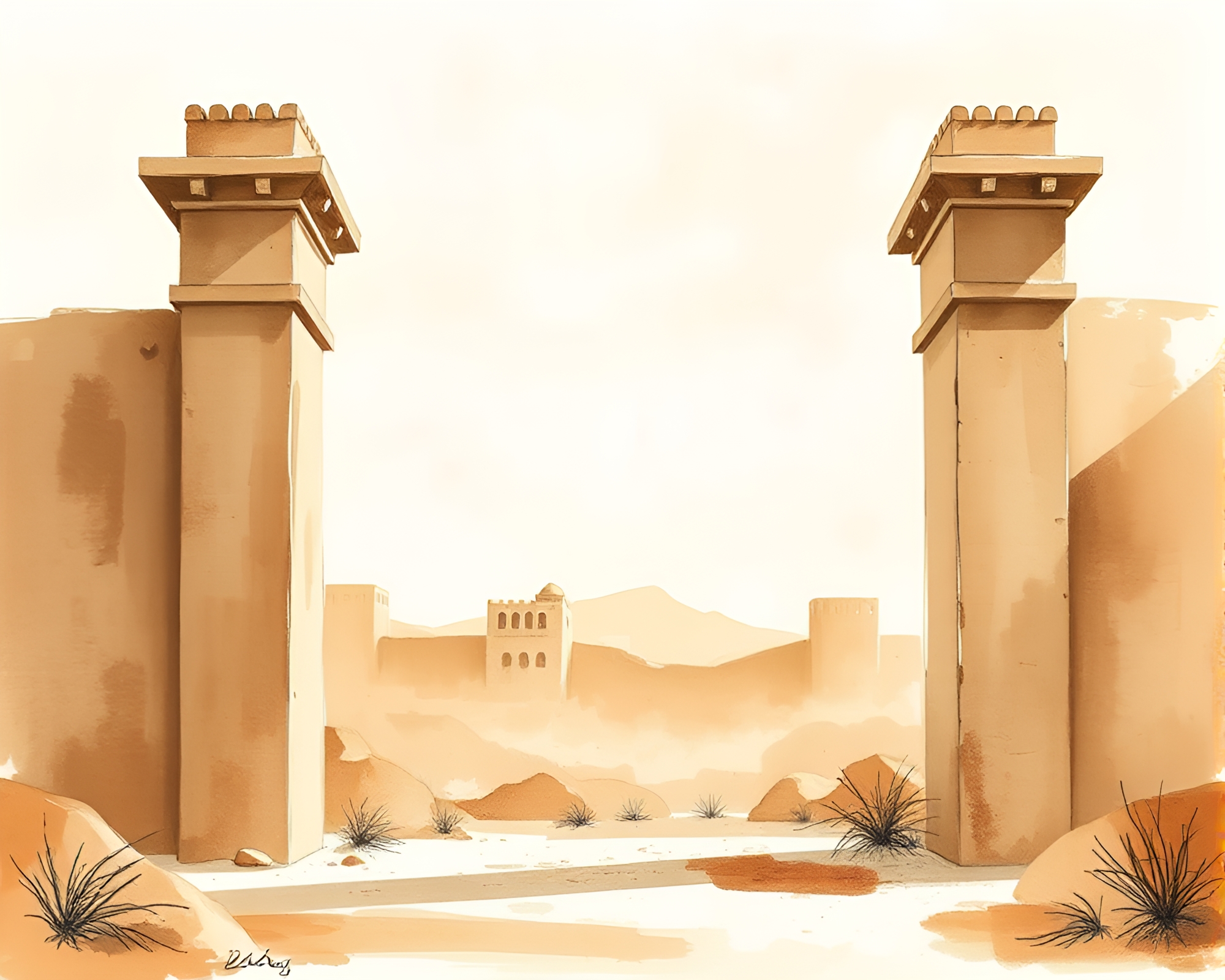Architectural Mirage: Sepia Sumi-e Sands – free AI stock image