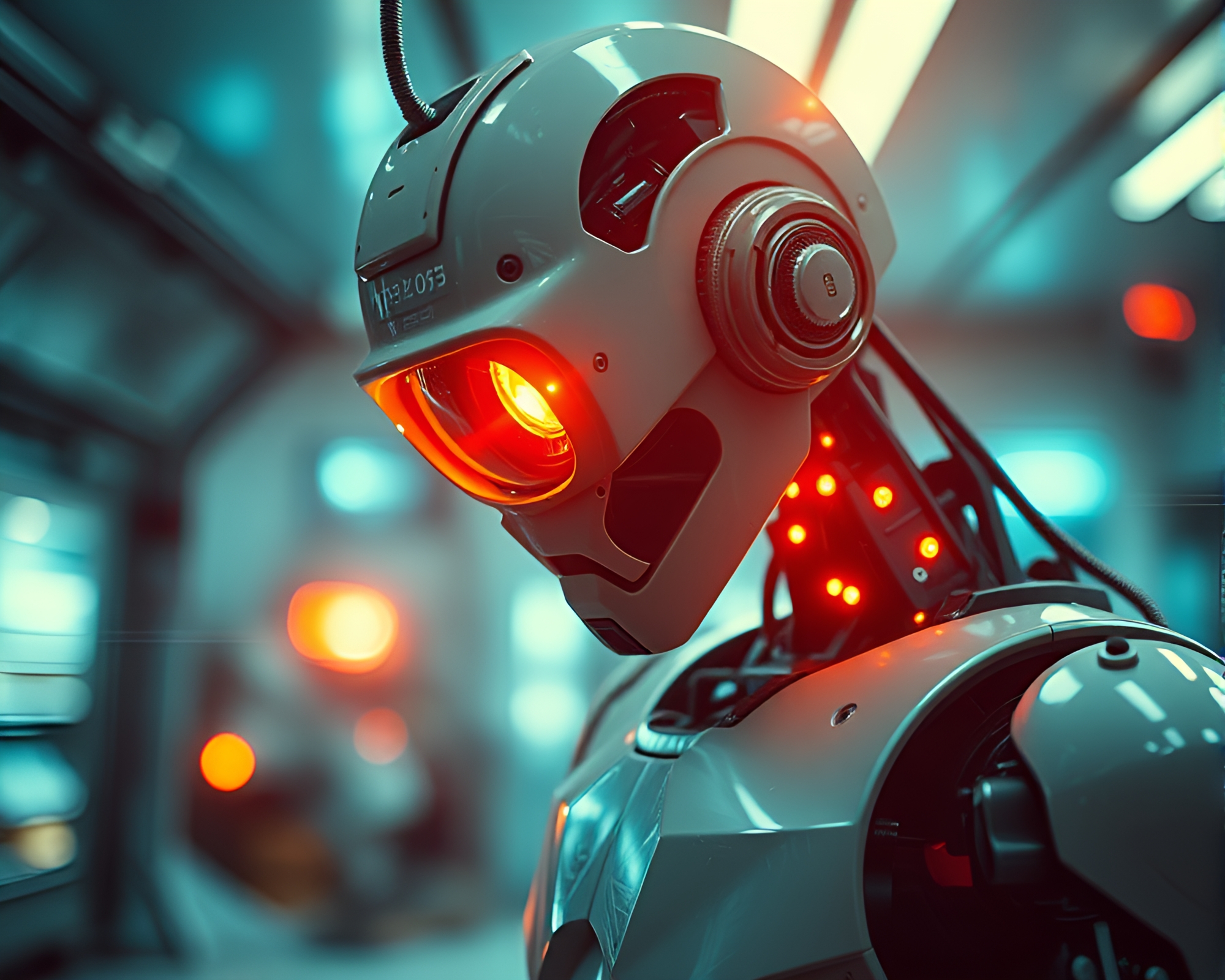 Robotics Lab with Dystopian Lens Distortion and Light Leaks – free AI stock image