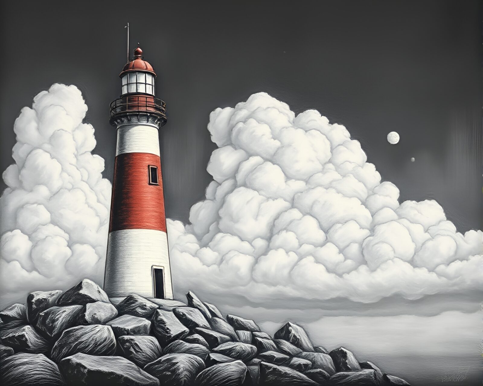 Chalk drawing of a deserted lighthouse with vintage sky.