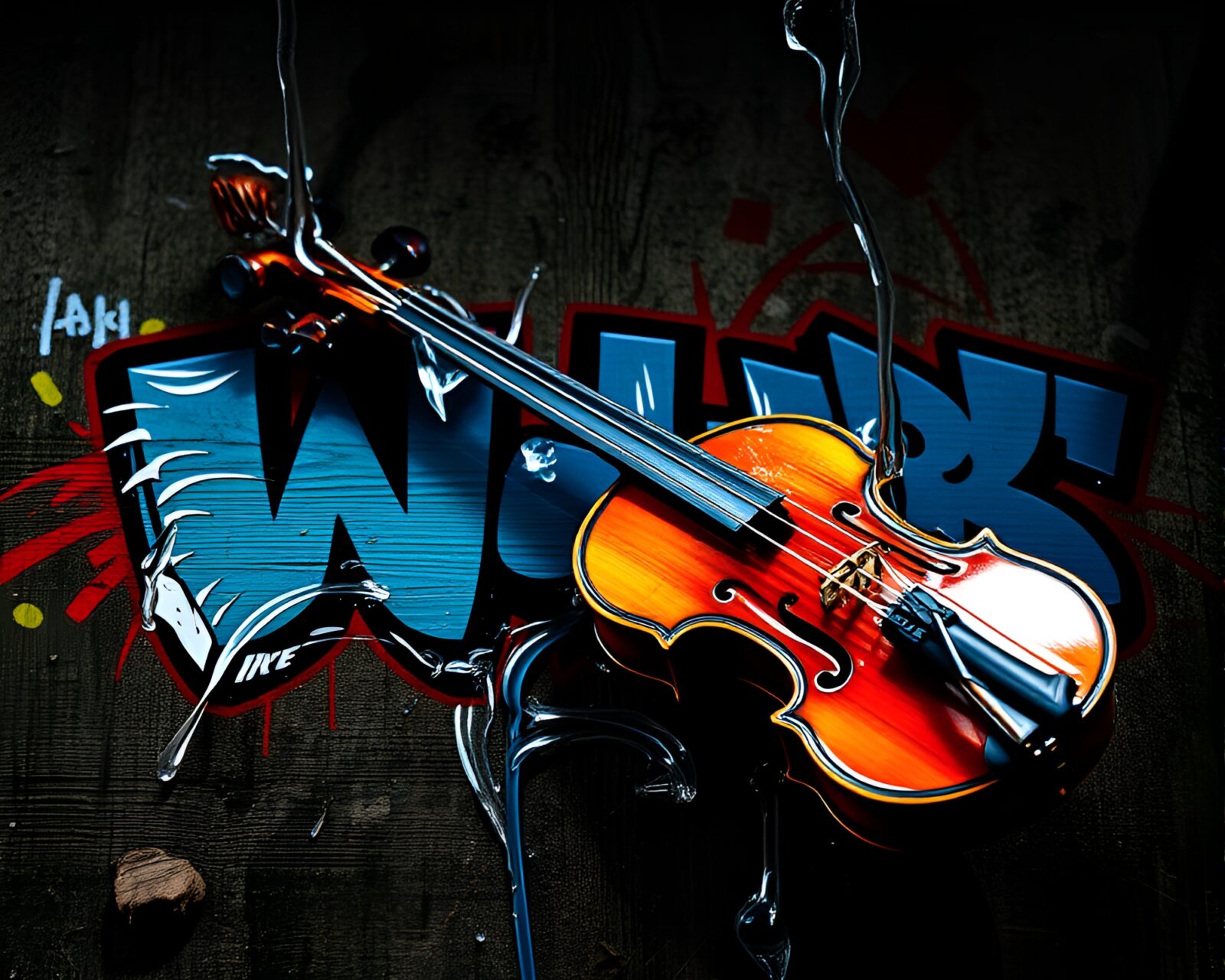 Water distorted wooden violin surrounded by vibrant graffiti colors