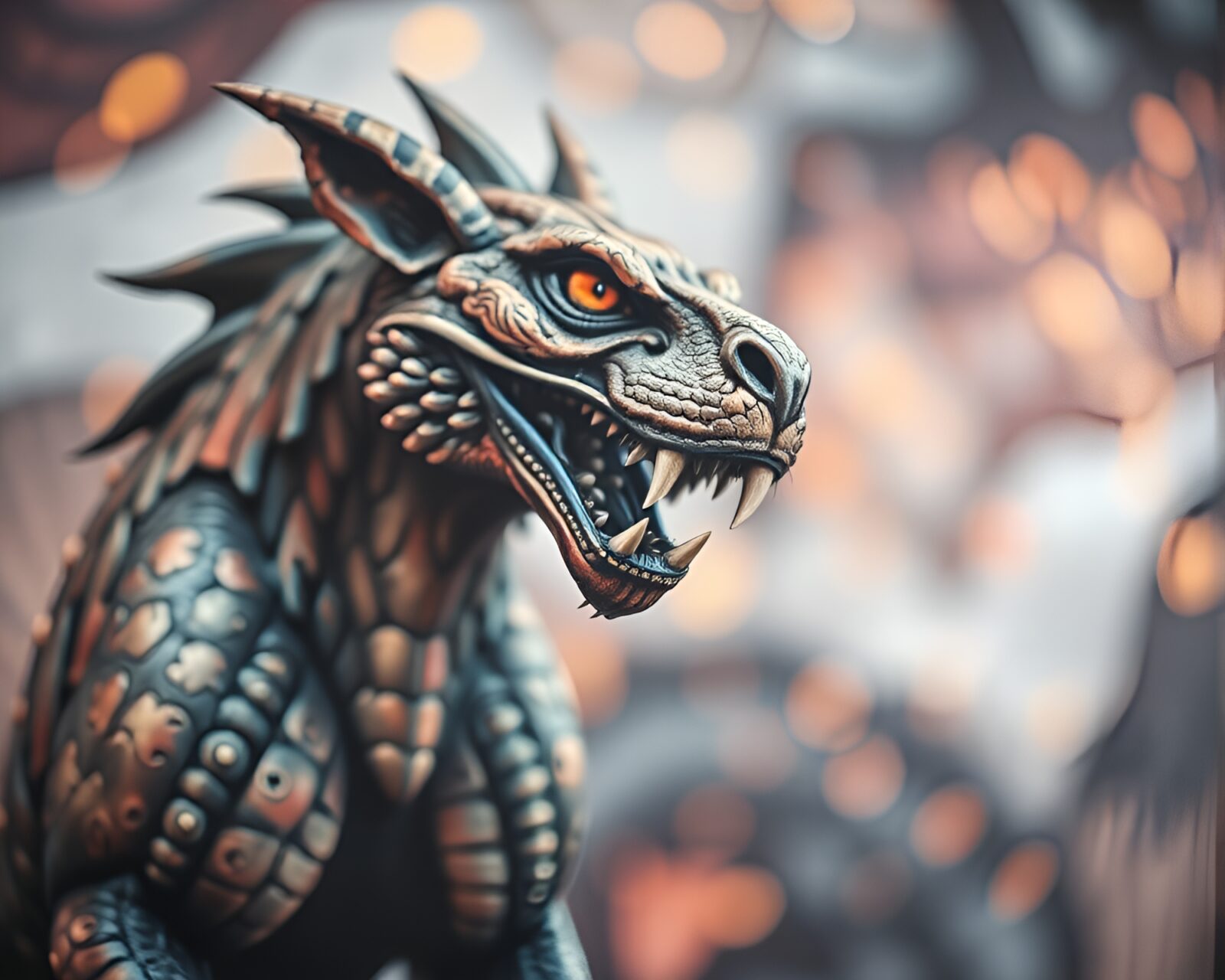 Cerberus mural in soft bokeh foreground with low saturation