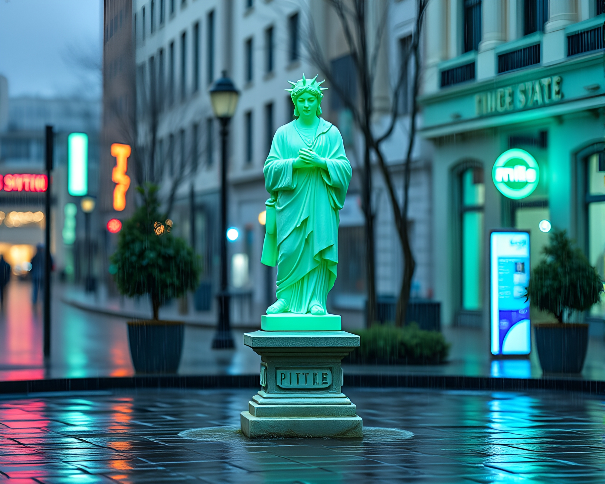 Mint Green Statue in Voxel Art on Wet Pavement – free AI stock image