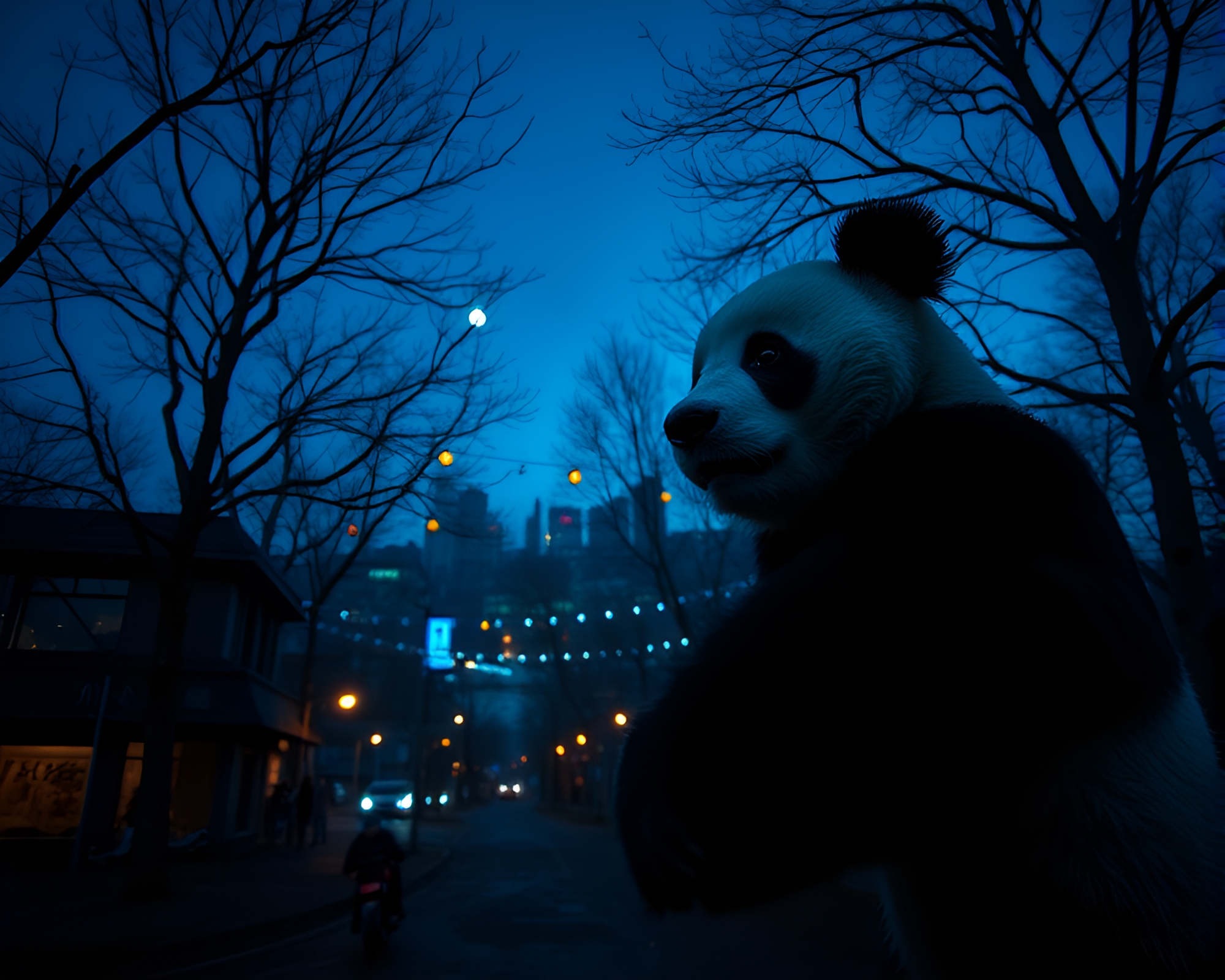 Twilight Panda Noir: Wide-Angle View – free AI stock image