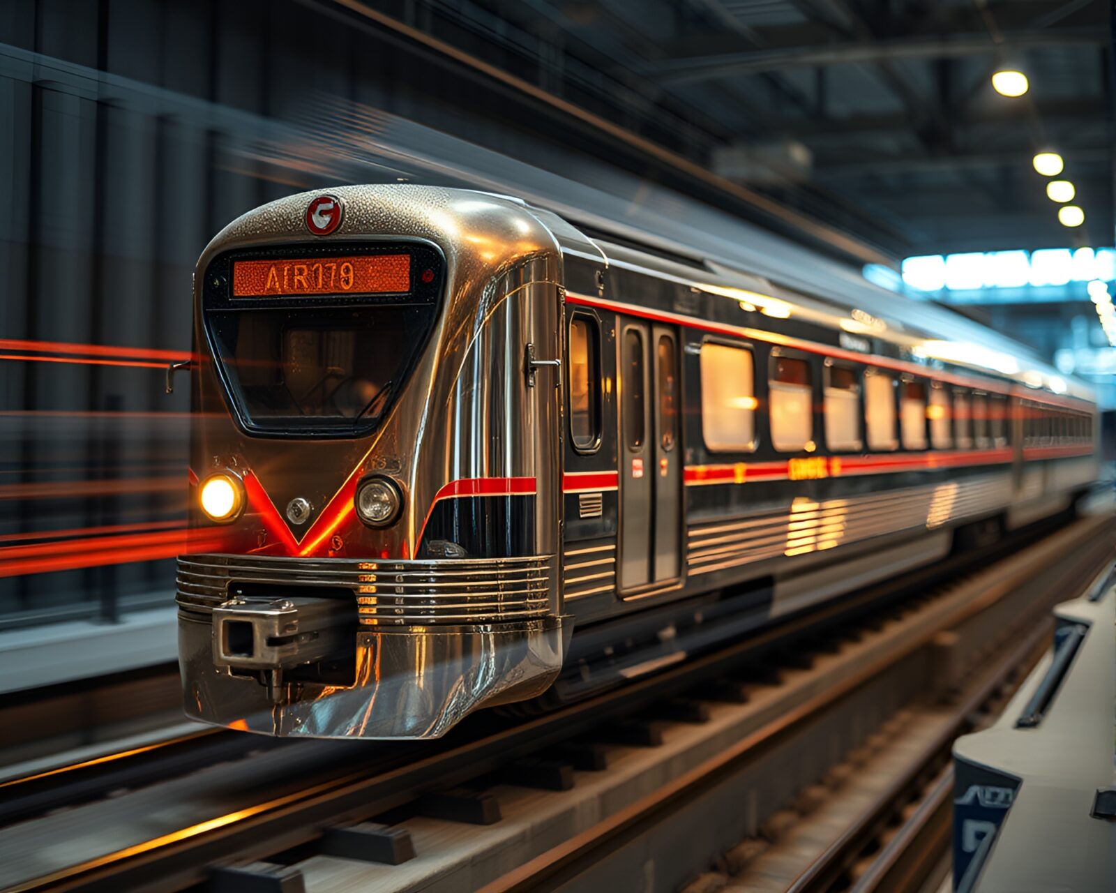 Brightly lit écorché train model with futuristic foil details.