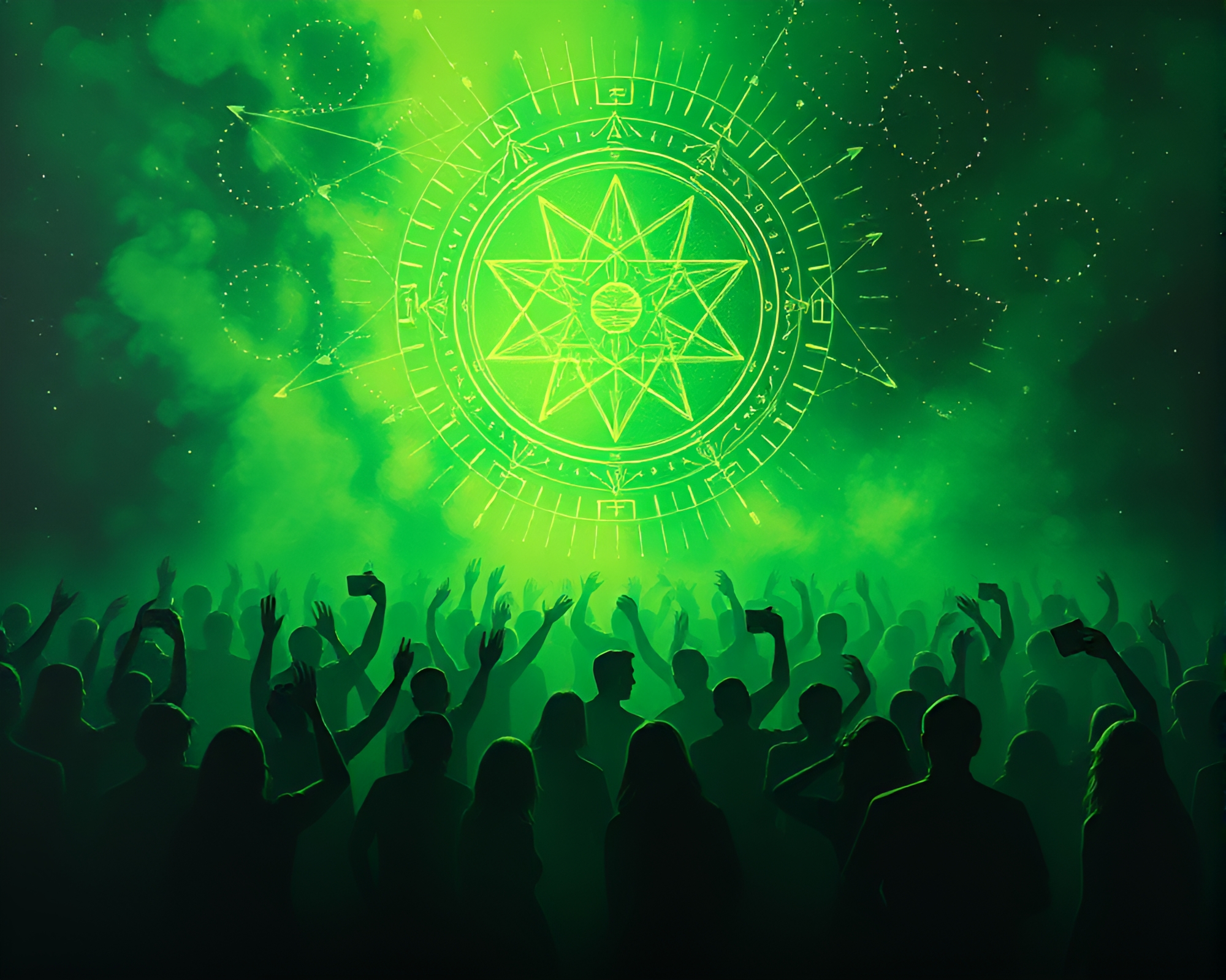 Emerald Alchemy: Crowd Silhouette in Color Field – free AI stock image