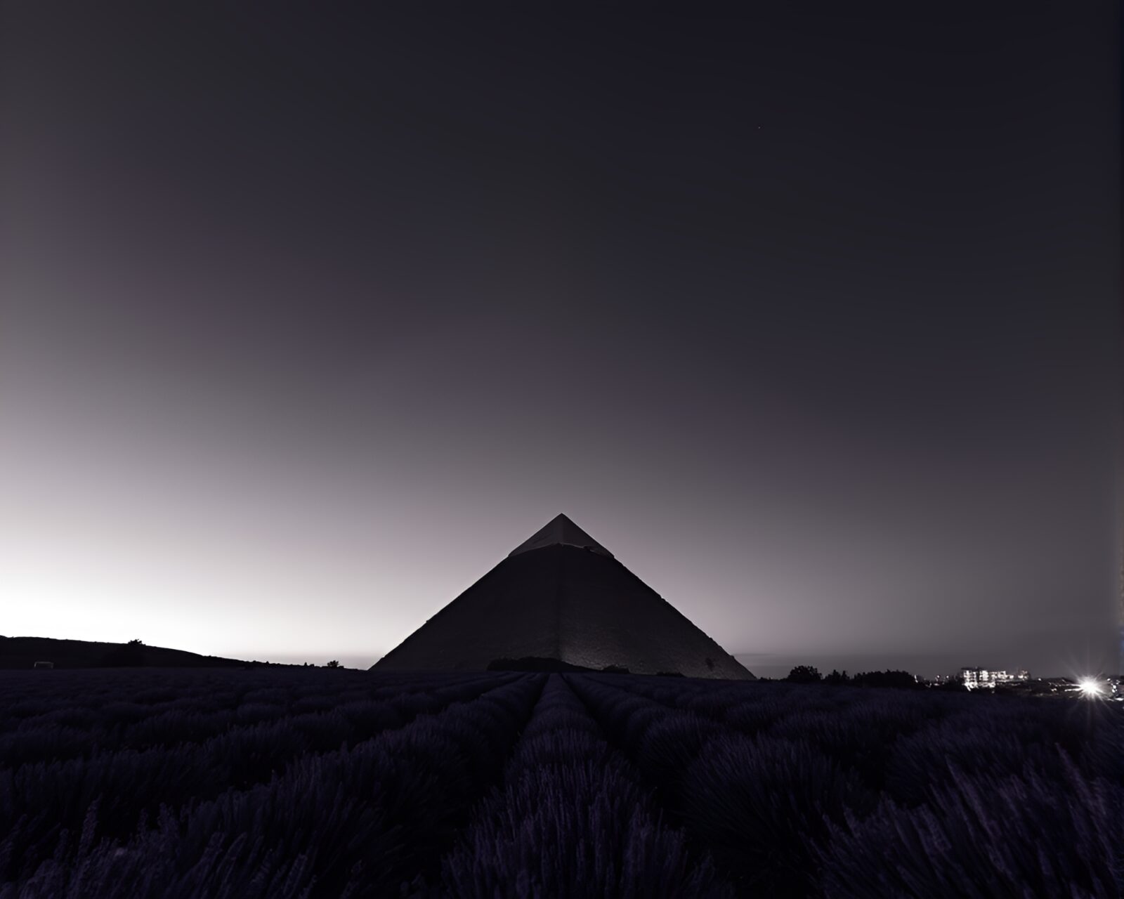 High-angle shot of lavender twilight pyramid in monochrome