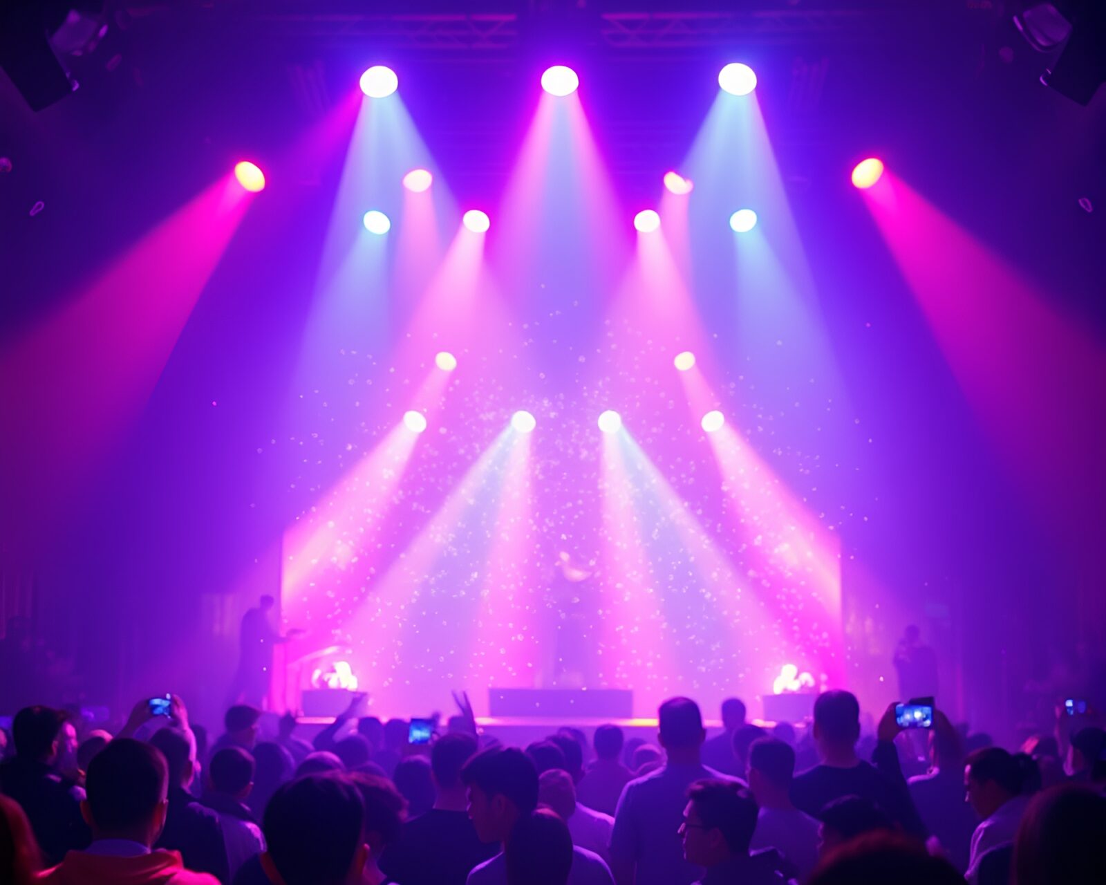 Vibrant soap bubbles reflecting colorful stage lights with camera
