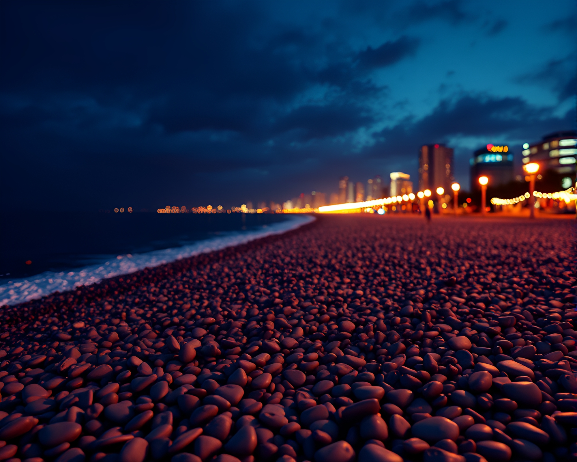 Intricate Low-Poly City Lights Reflecting on Pebble Beach – free AI stock image