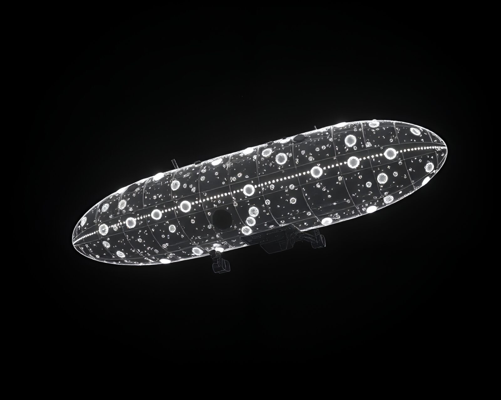 High-contrast wireframe Zeppelin on mildew-splotched backdrop