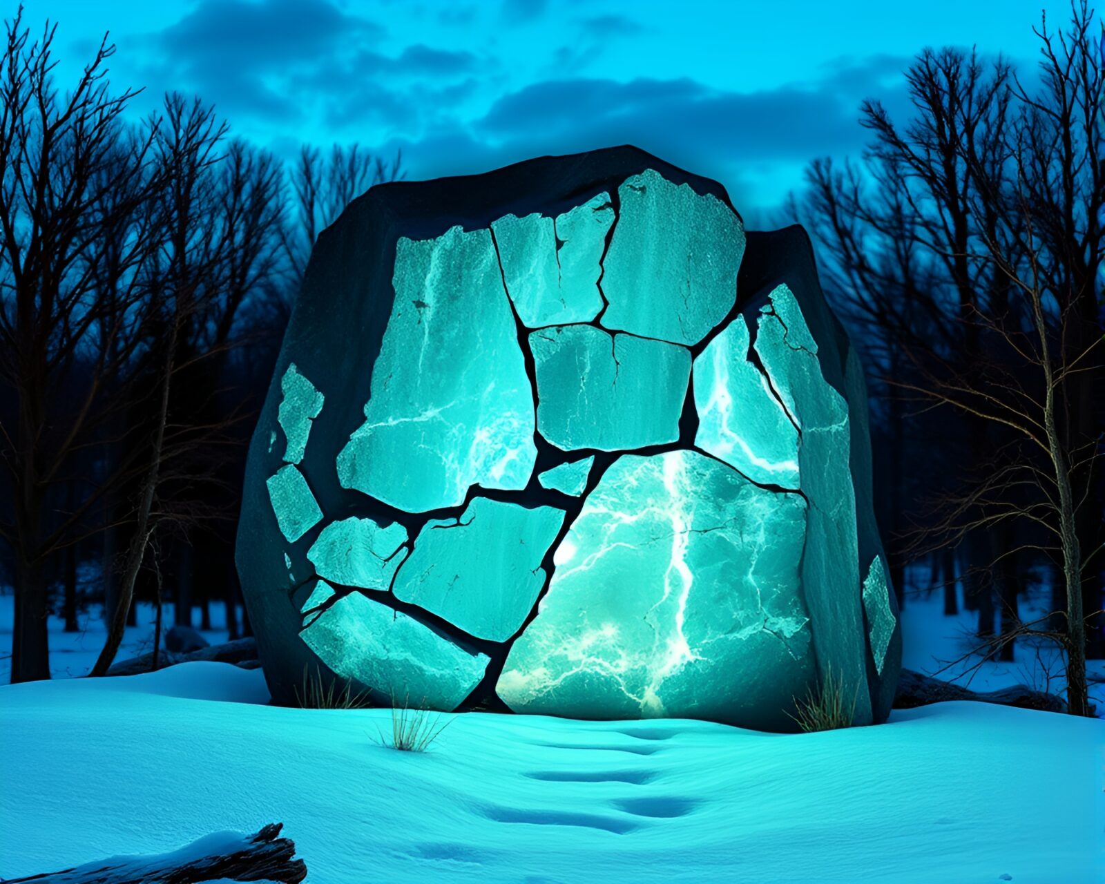 Mystical stone surrounded by intricate cutouts in blue glow