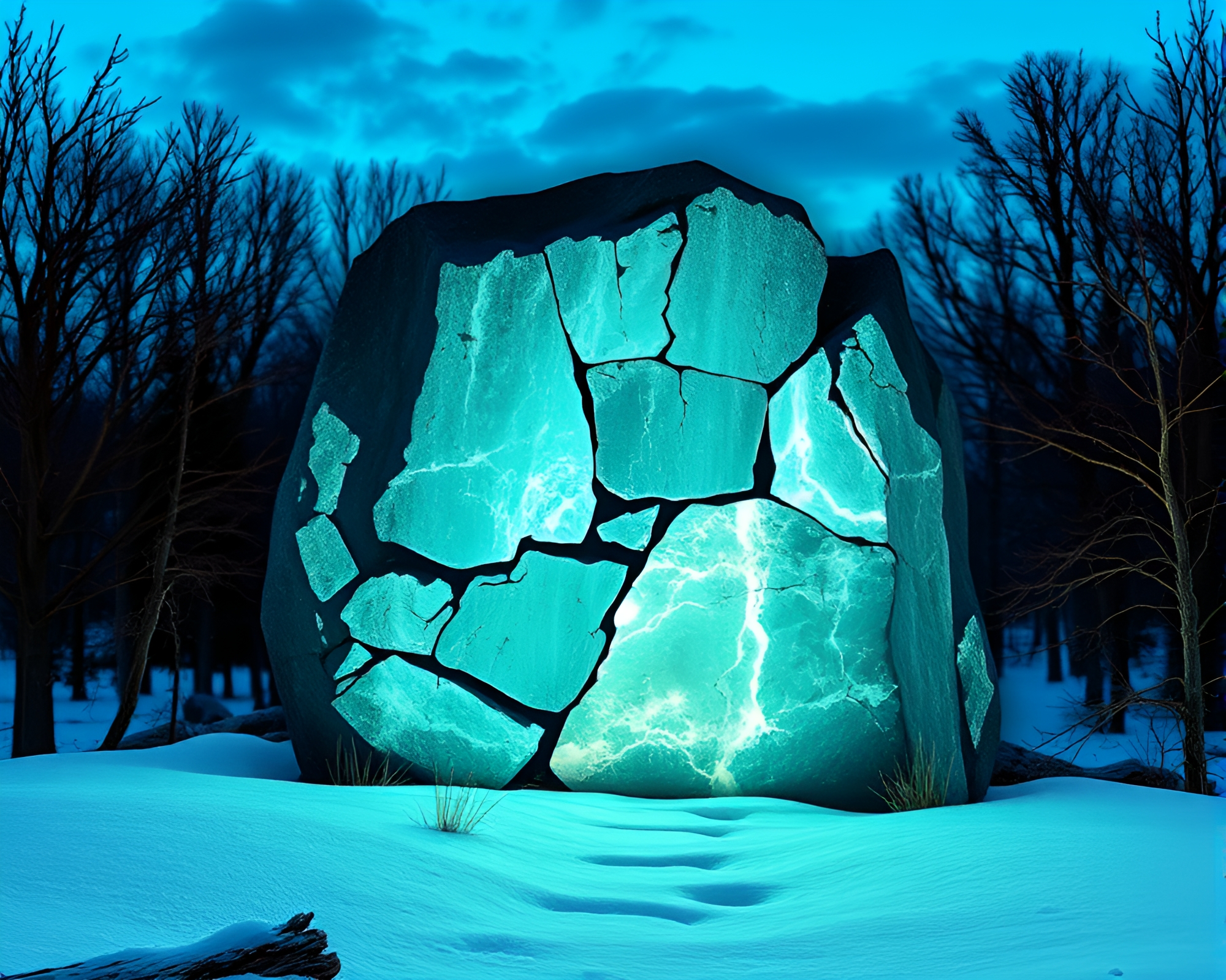 Glowing Rune Stone Collage in Ice-Blue Light – free AI stock image
