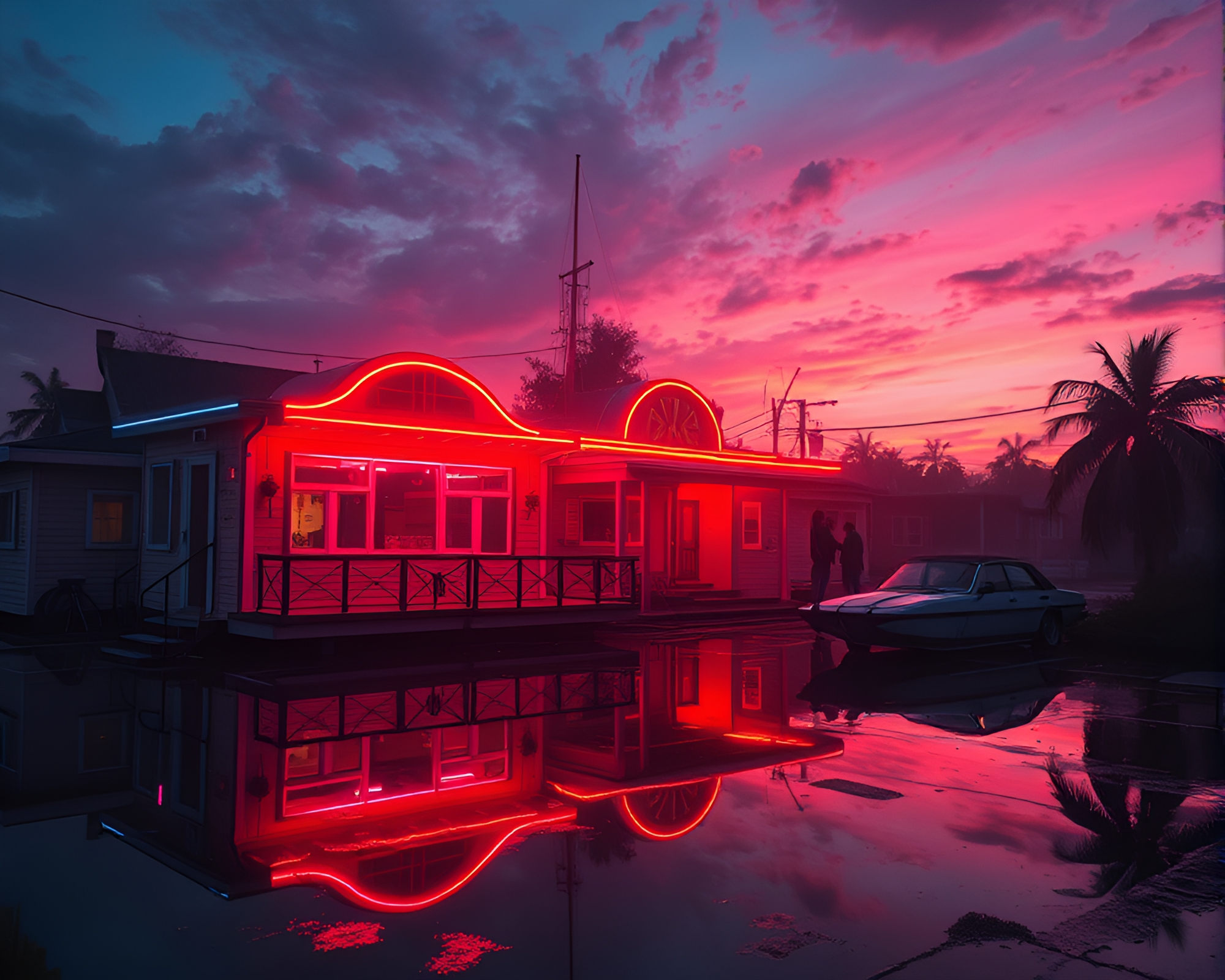 Neon Djinn Reflections in Afternoon Glow – free AI stock image