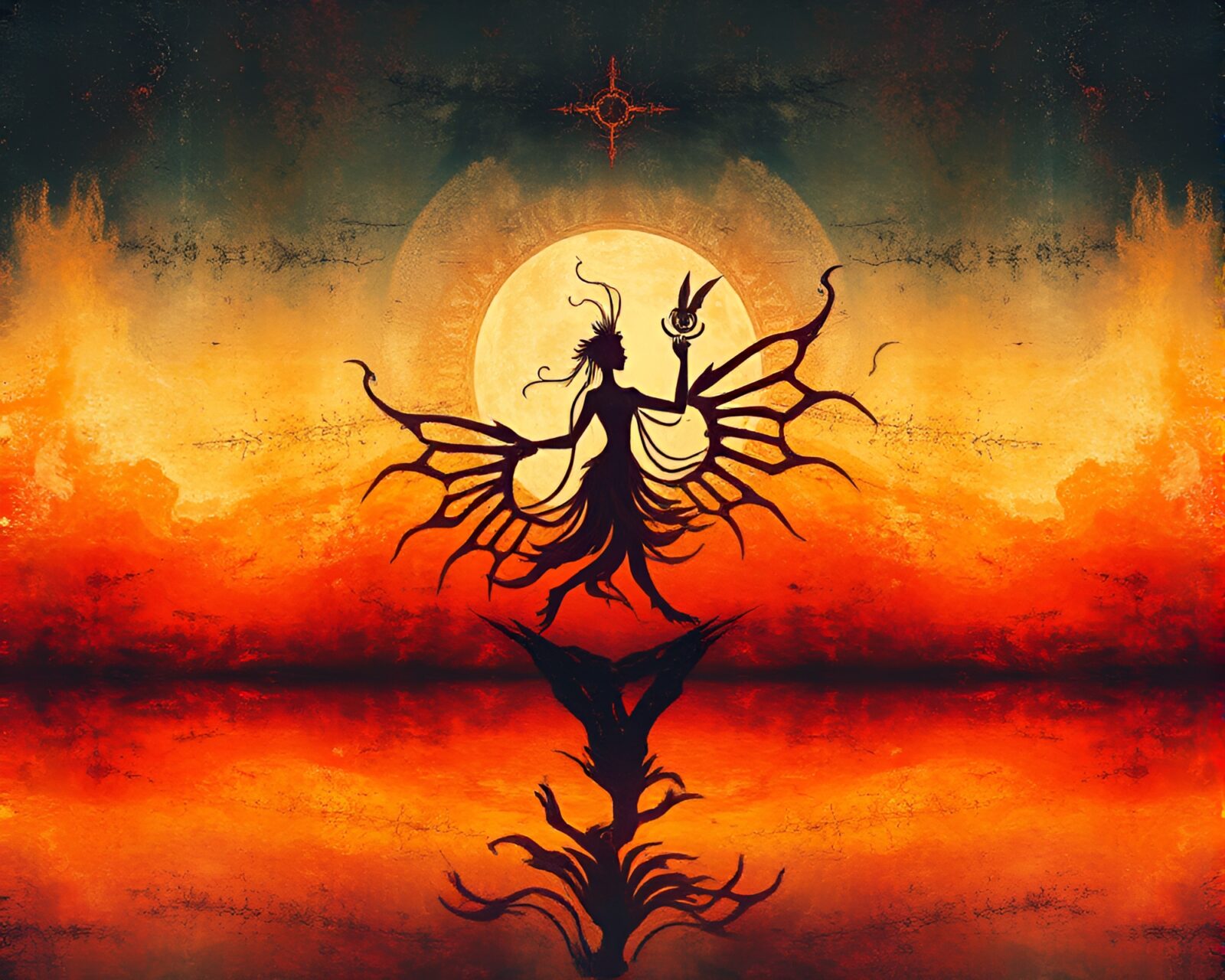 Fantastical djinn creature blending into warm infrared desert