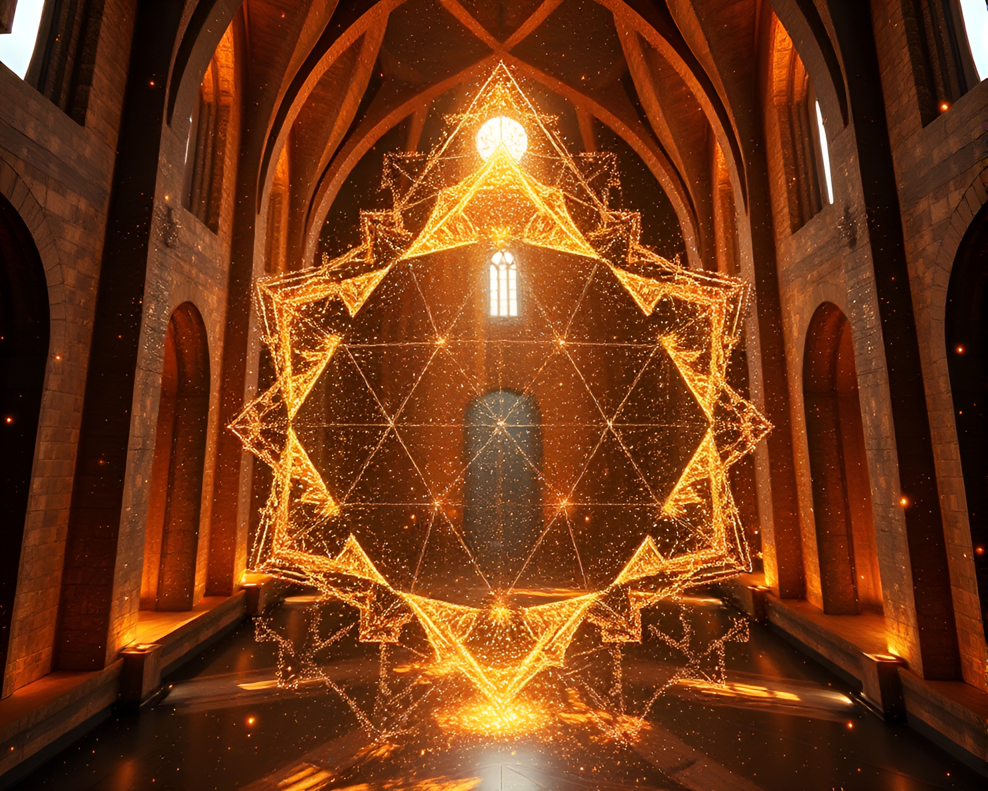 Sacred Geometry: Floating Particles Among Architectural Renderings – free AI stock image