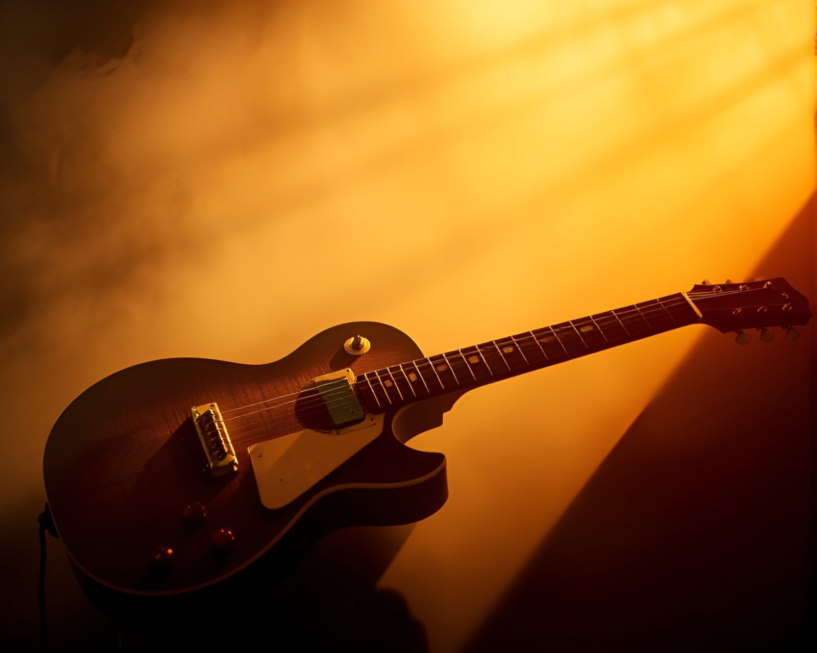 A mystical guitar player enveloped in golden mist