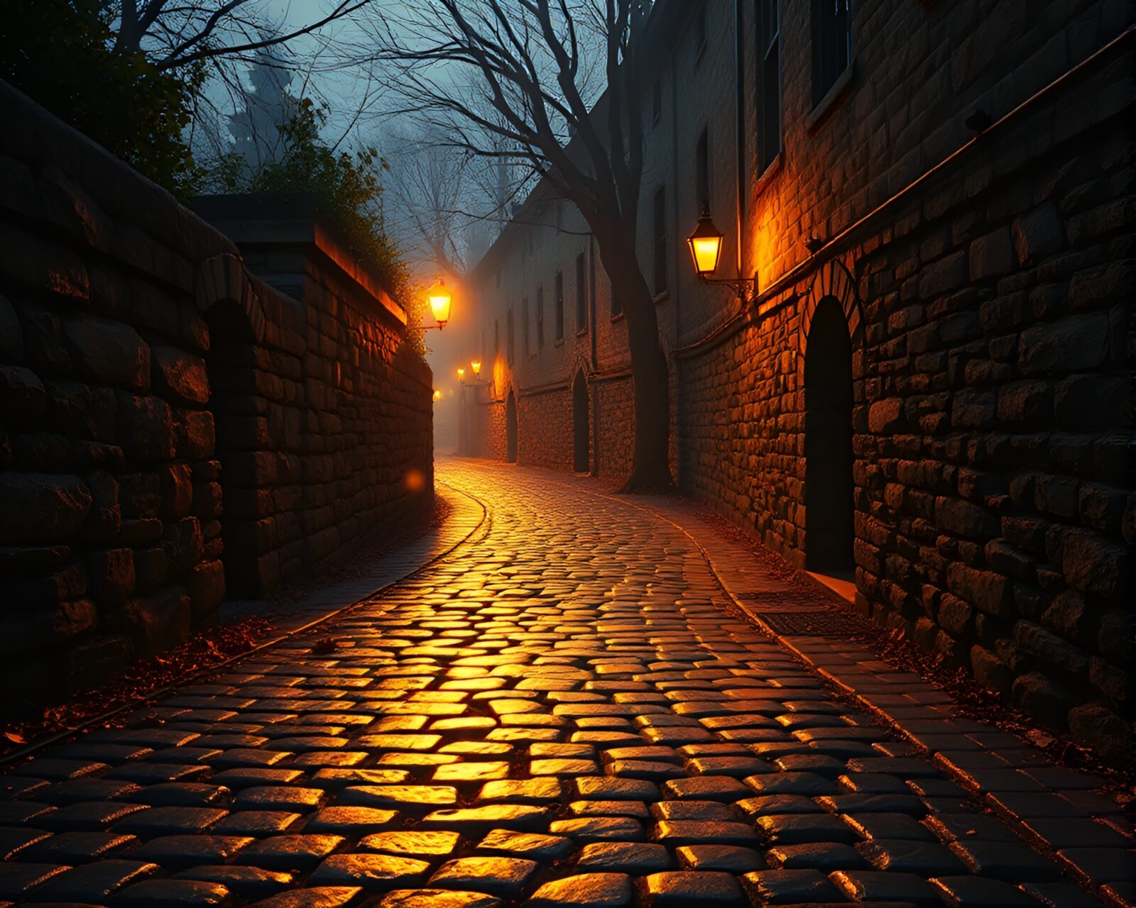 Magical cobblestone path bathed in enchanting spectral light