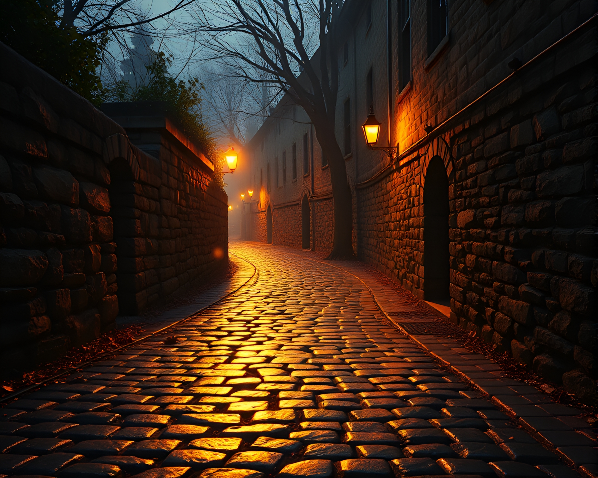 Sorcery Glow: Timeless Cobblestone Path – free AI stock image