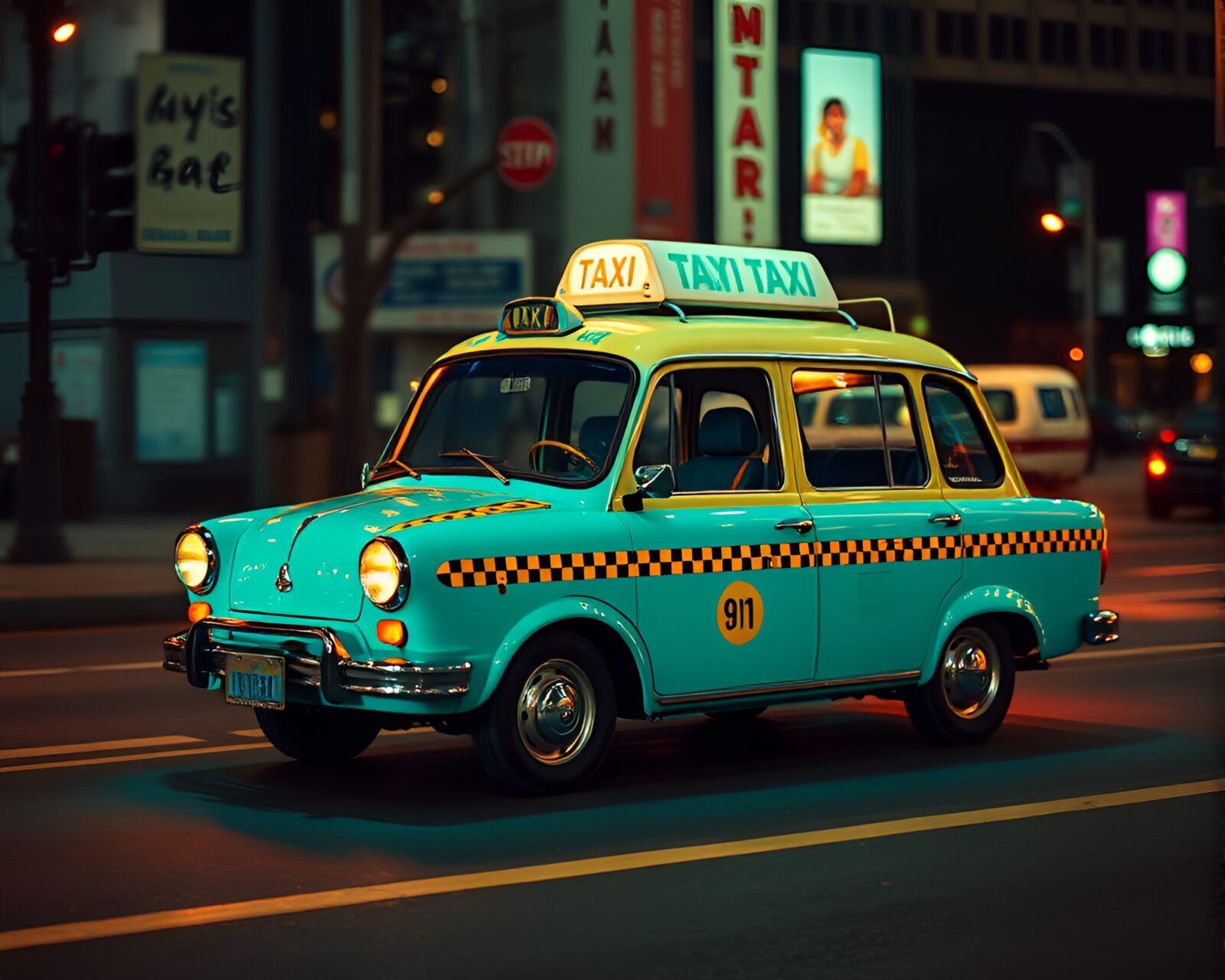 Turquoise calm scene of holographic taxi in grunge vibe