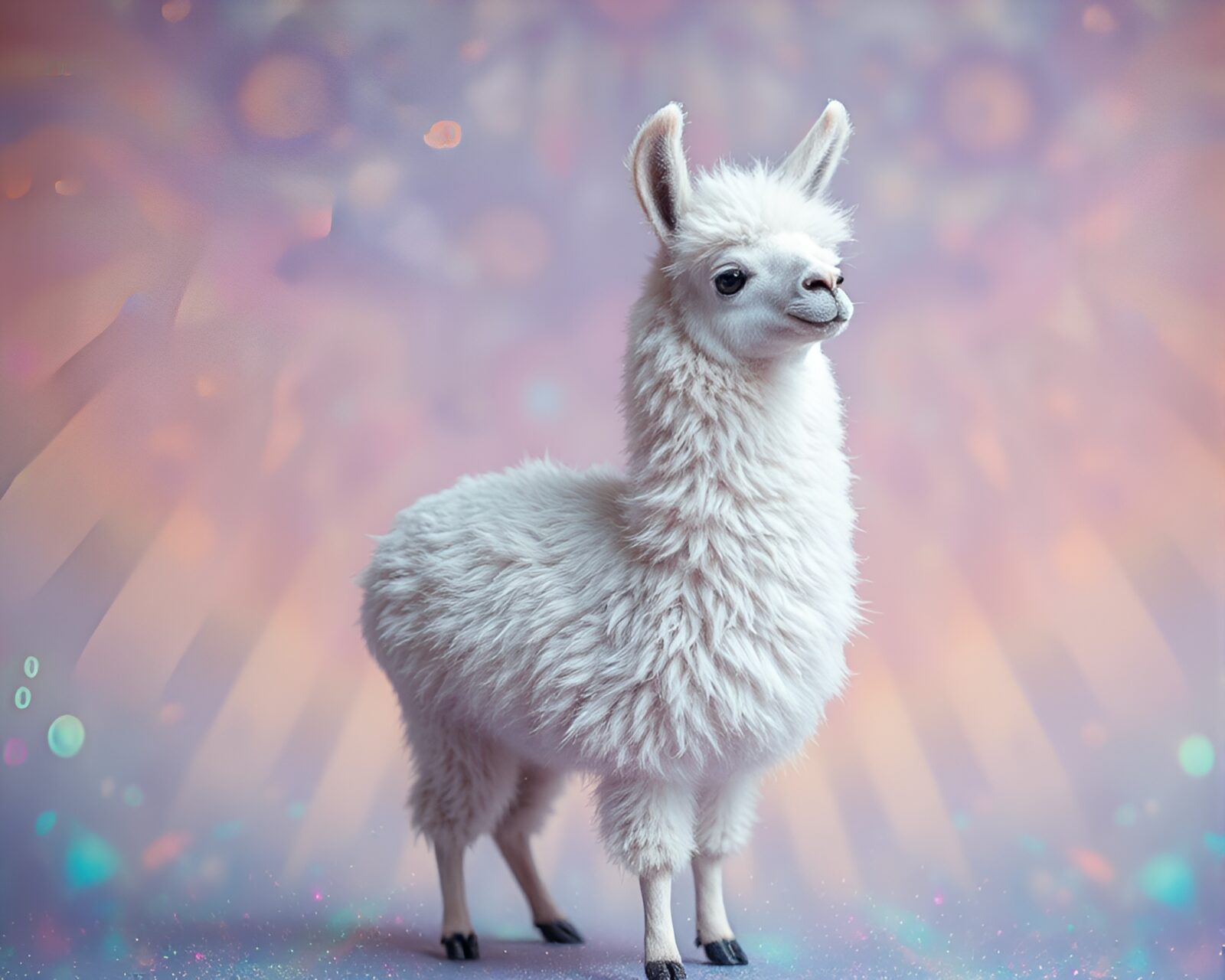 Glowing holographic llama surrounded by swirling dust particles