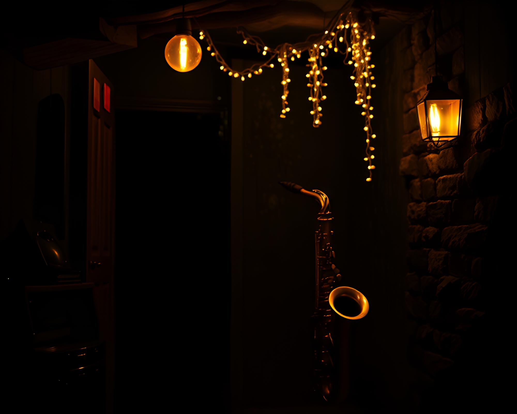 Saxophone Serenade in Pointillist Basement – free AI stock image