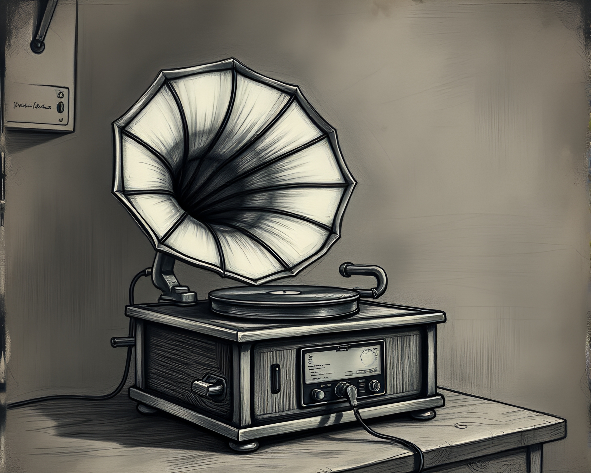 Steampunk Gramophone in Desaturated Crosshatched Pastel – free AI stock image