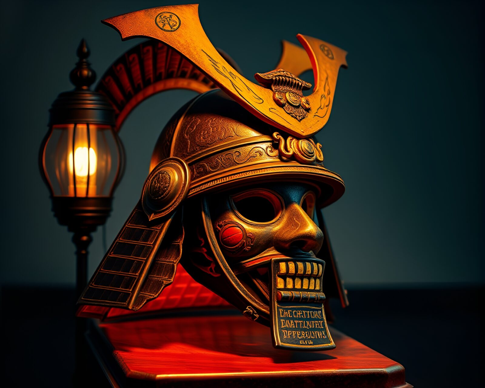 Serene samurai helmet under soft library lamp glow