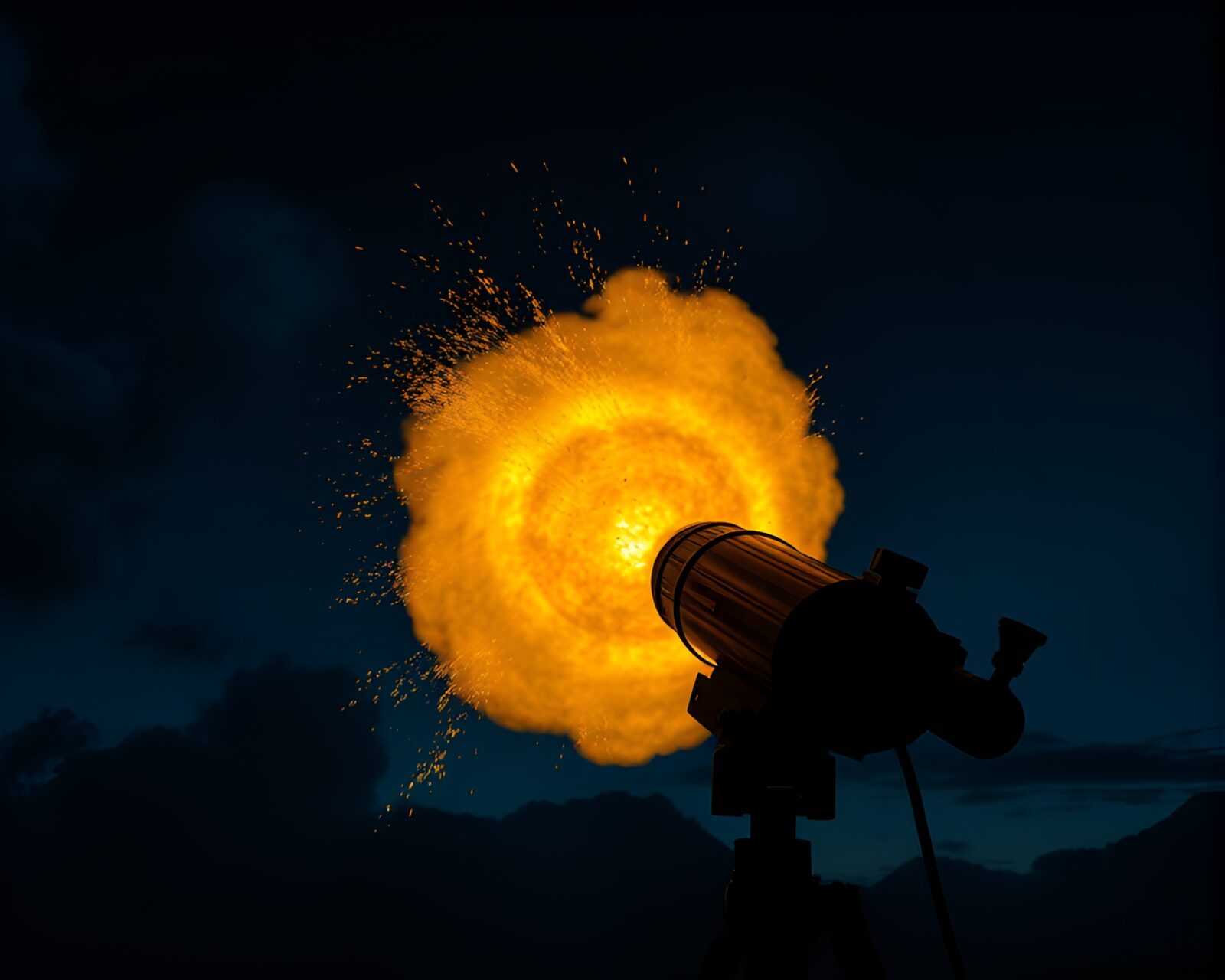 Vibrant thermal image shows telescope amid explosion cloud and light leaks