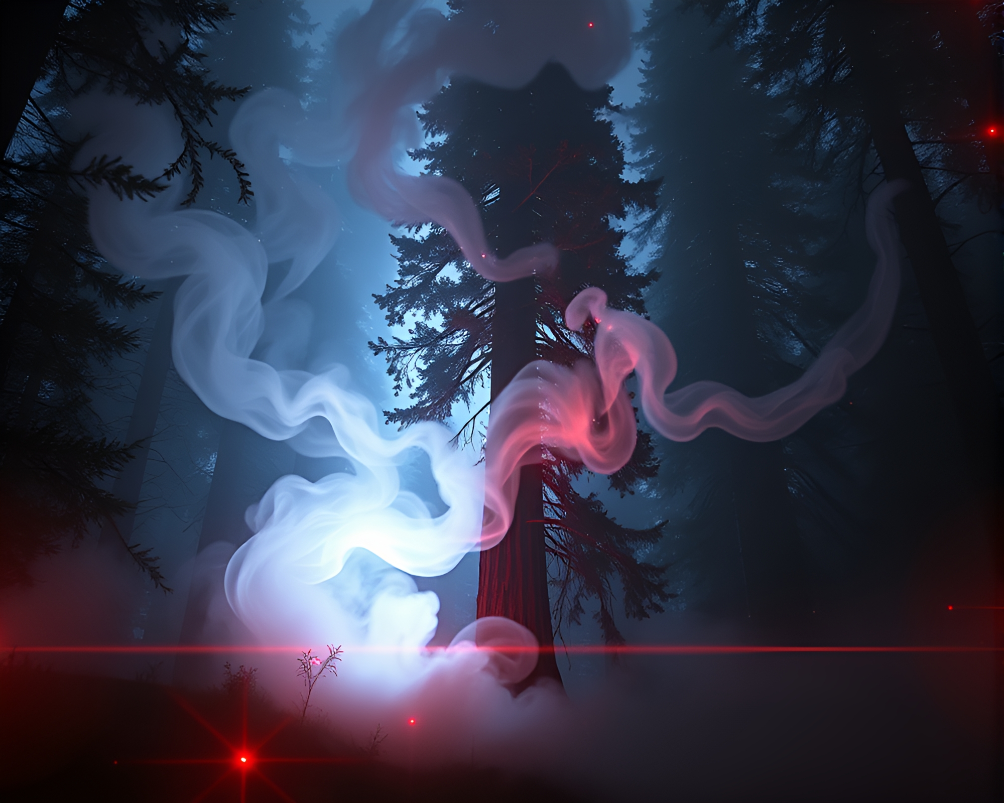 Futuristic Redwood Tree Illuminated by Torchlight in Smoke – free AI stock image
