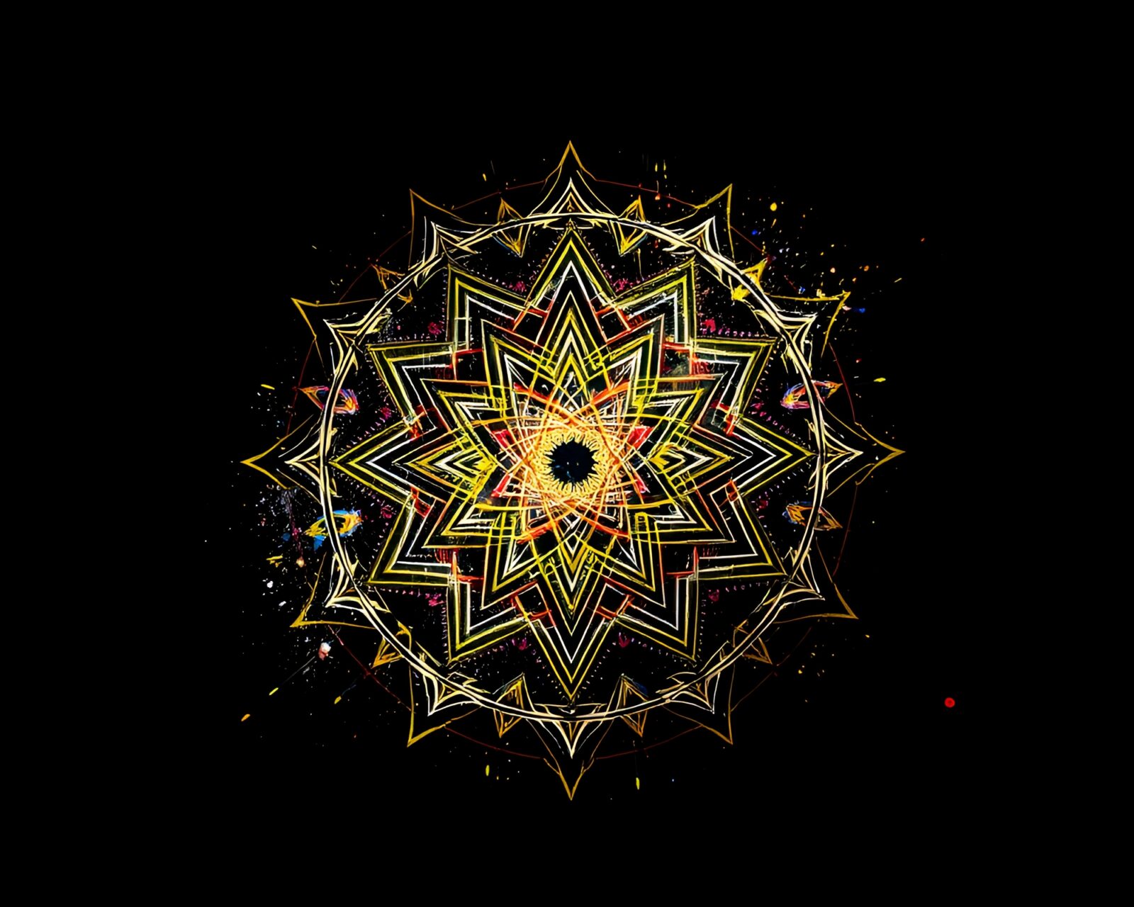 Vibrant sacred geometry splatter art under studio spotlight