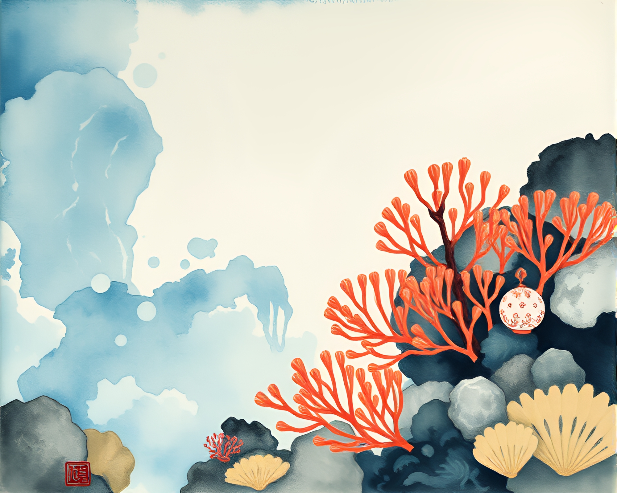 Whimsical Ocean Depths: Woodblock Print Marks Blend with Reef Scene in Watercolor Wash – free AI stock image
