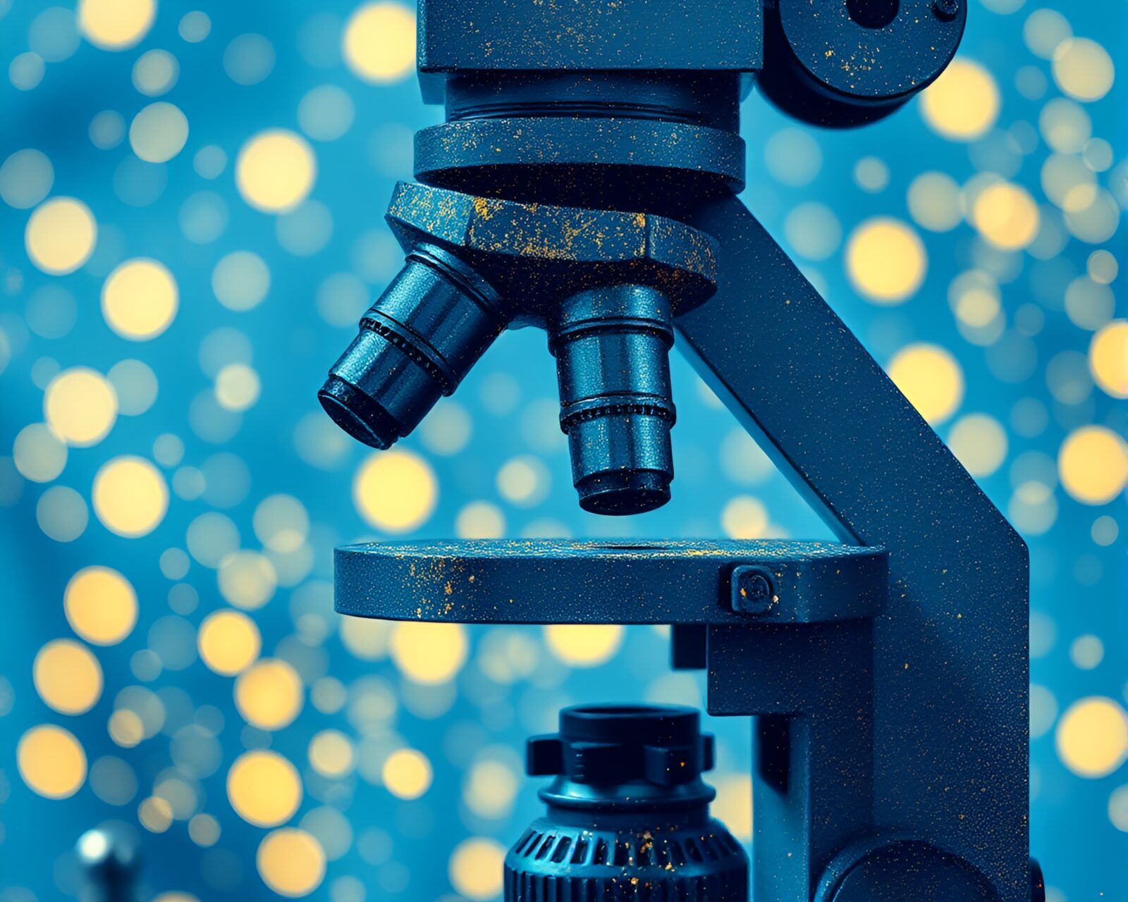 Illustration of microscopic organisms in blue light with gold accents