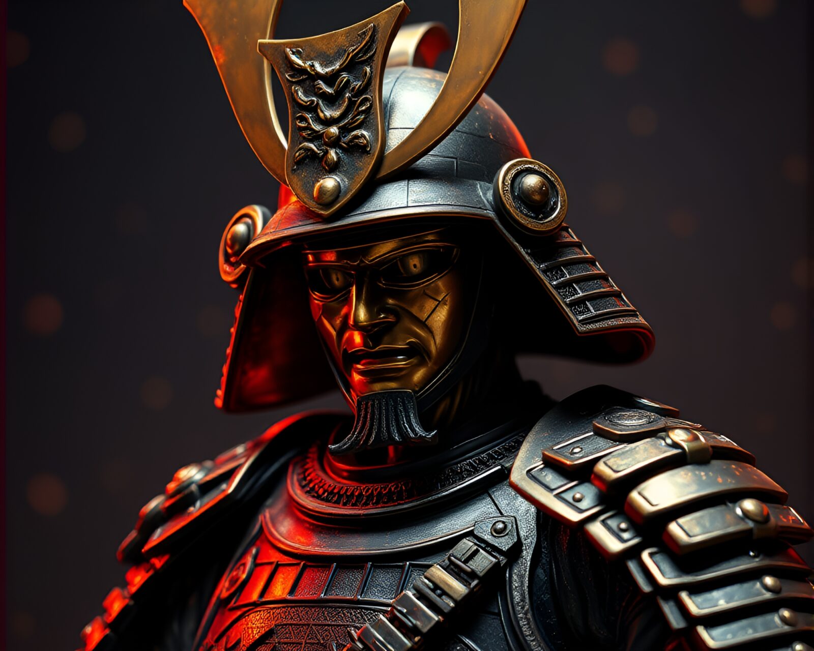 Bronze patina adorned samurai warrior under disco lights.