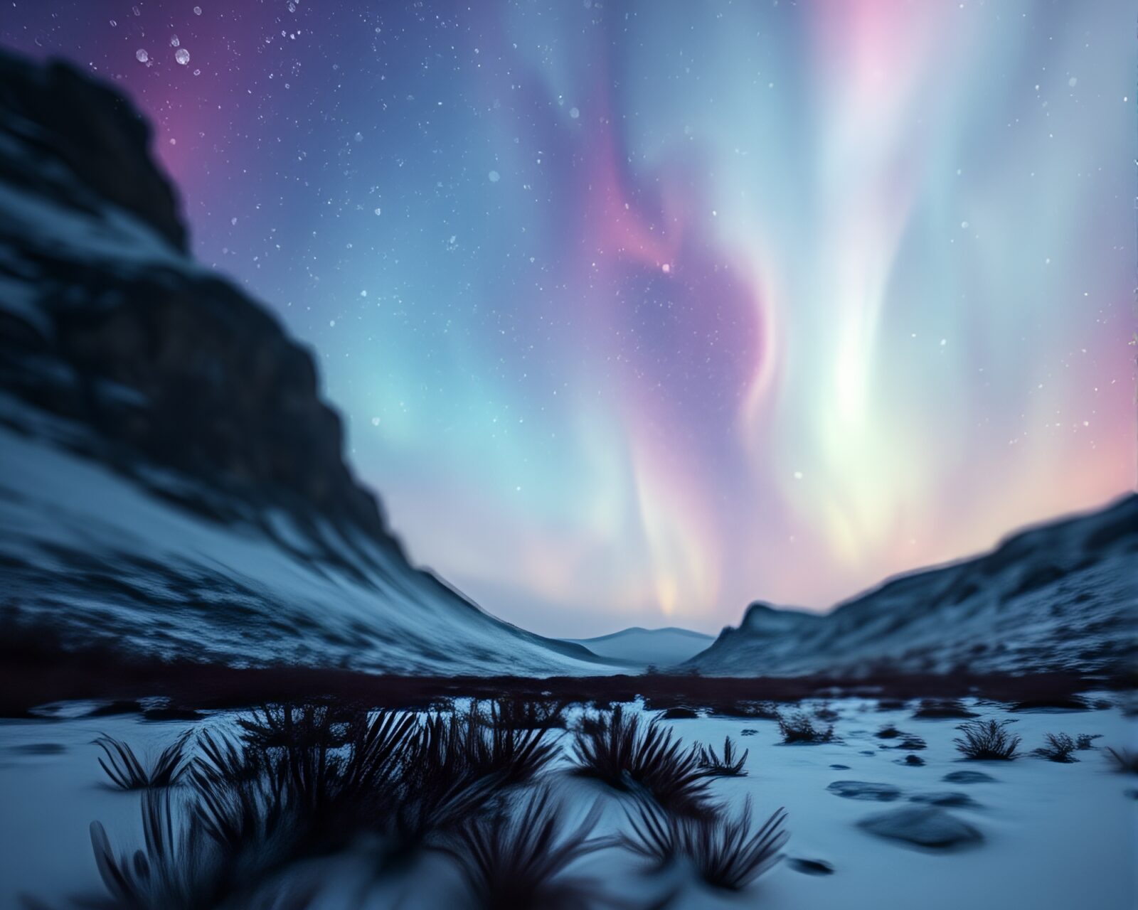Intensely vibrant cosmic hues amidst frosty tundra landscape