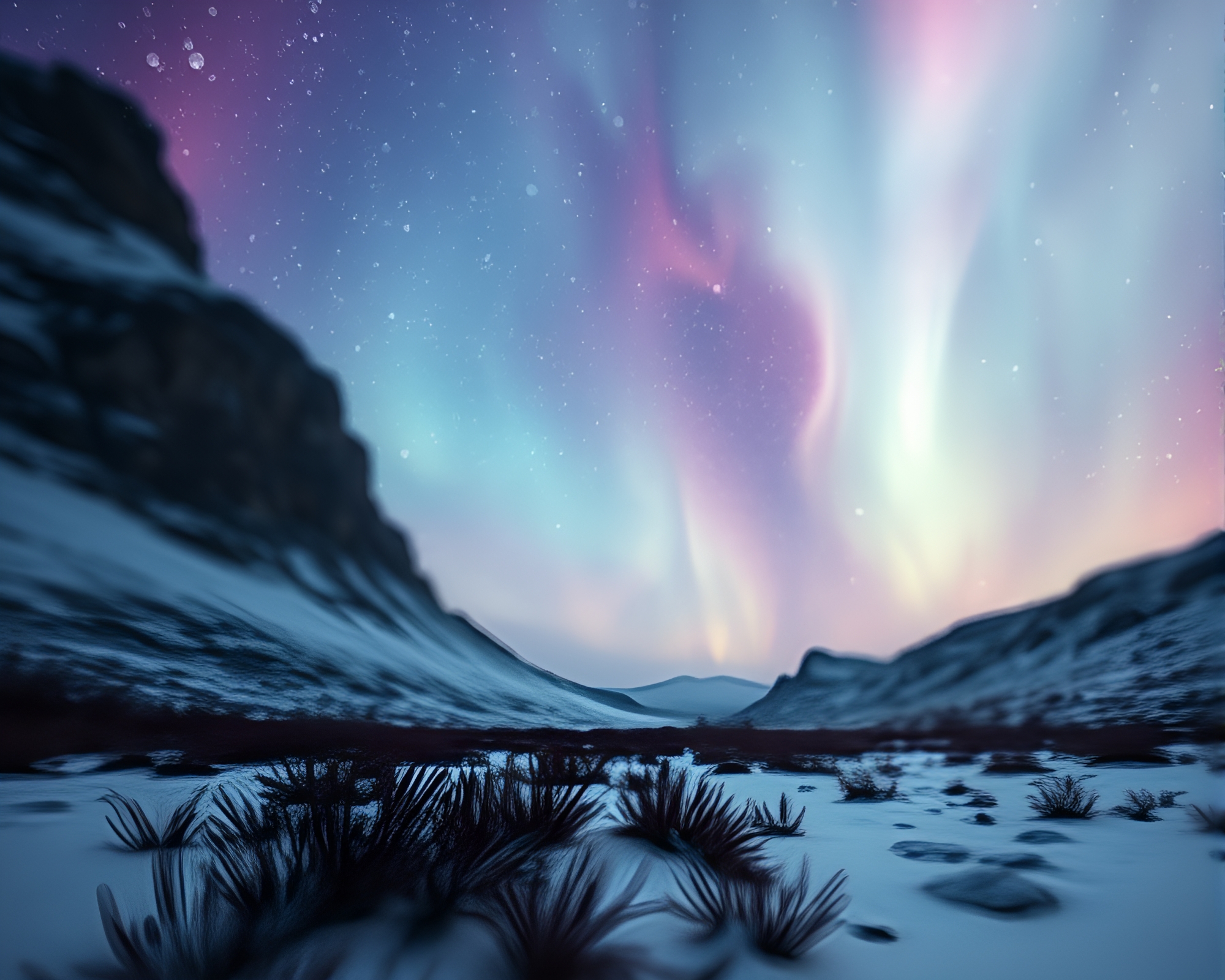 Mystical Tundra Aurora Borealis Close-Up View – free AI stock image