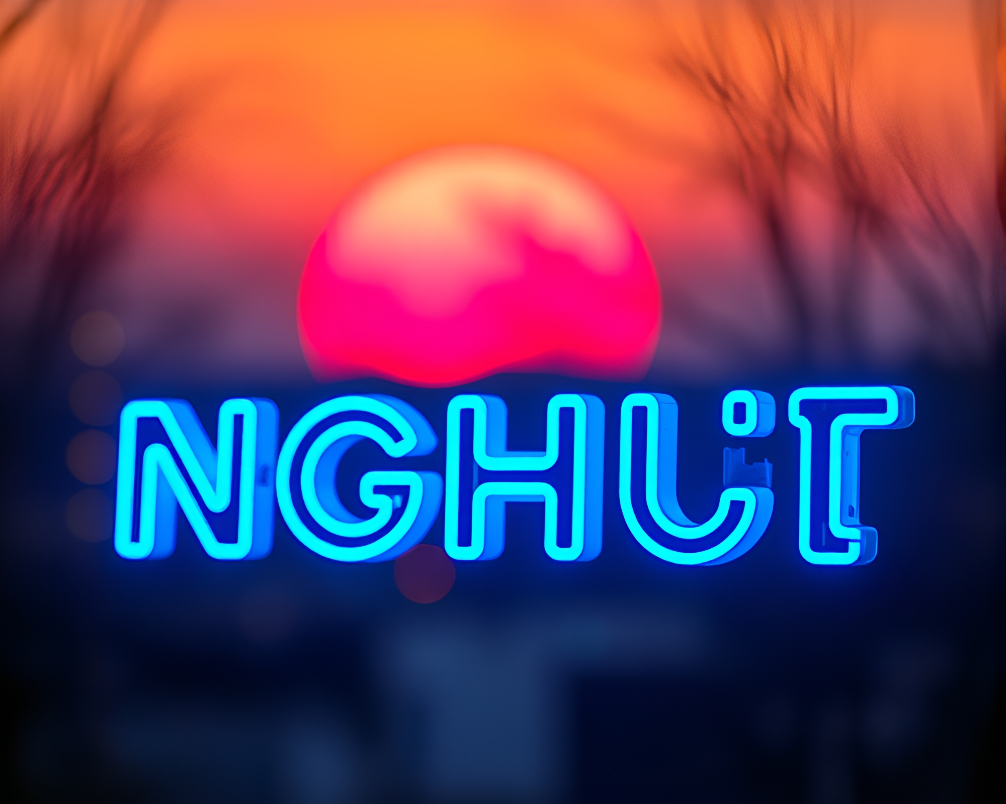Neon Runic Alphabet Illuminated by Warm Sunset Bokeh – free AI stock image