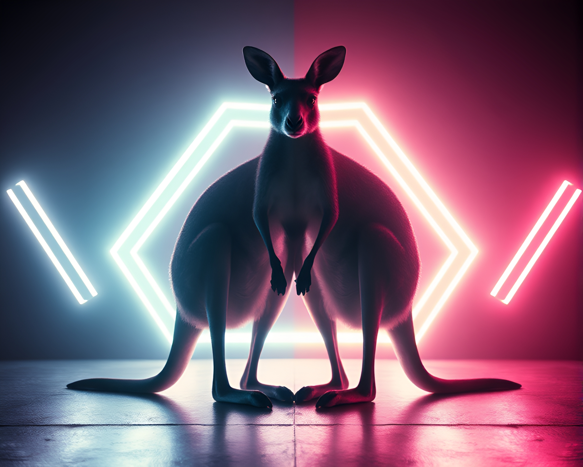 Symmetrical Synthwave Kangaroo Under High-Key Lights – free AI stock image