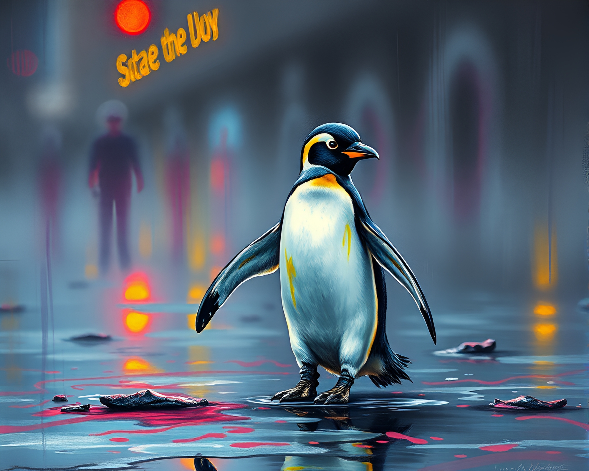 Surreal Penguin Chalkboard Drawing on Wet Pavement – free AI stock image