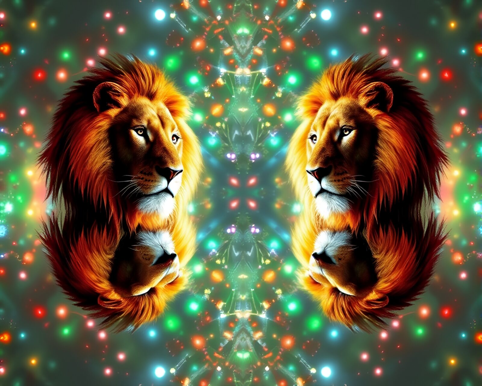 Lion depicted in mixed media art with phosphorescent shine