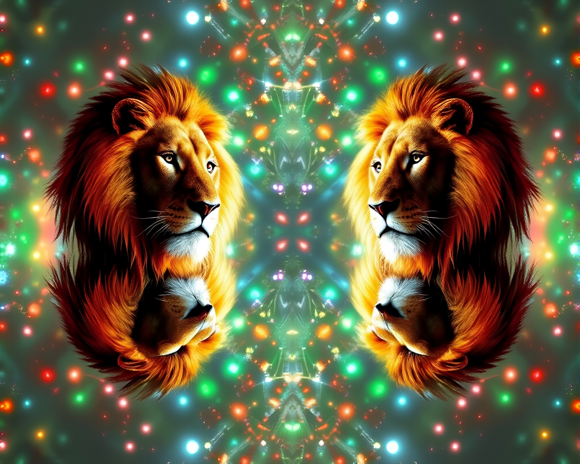 Mesmerizing Lion with Mirror Symmetry Glow – free AI stock image