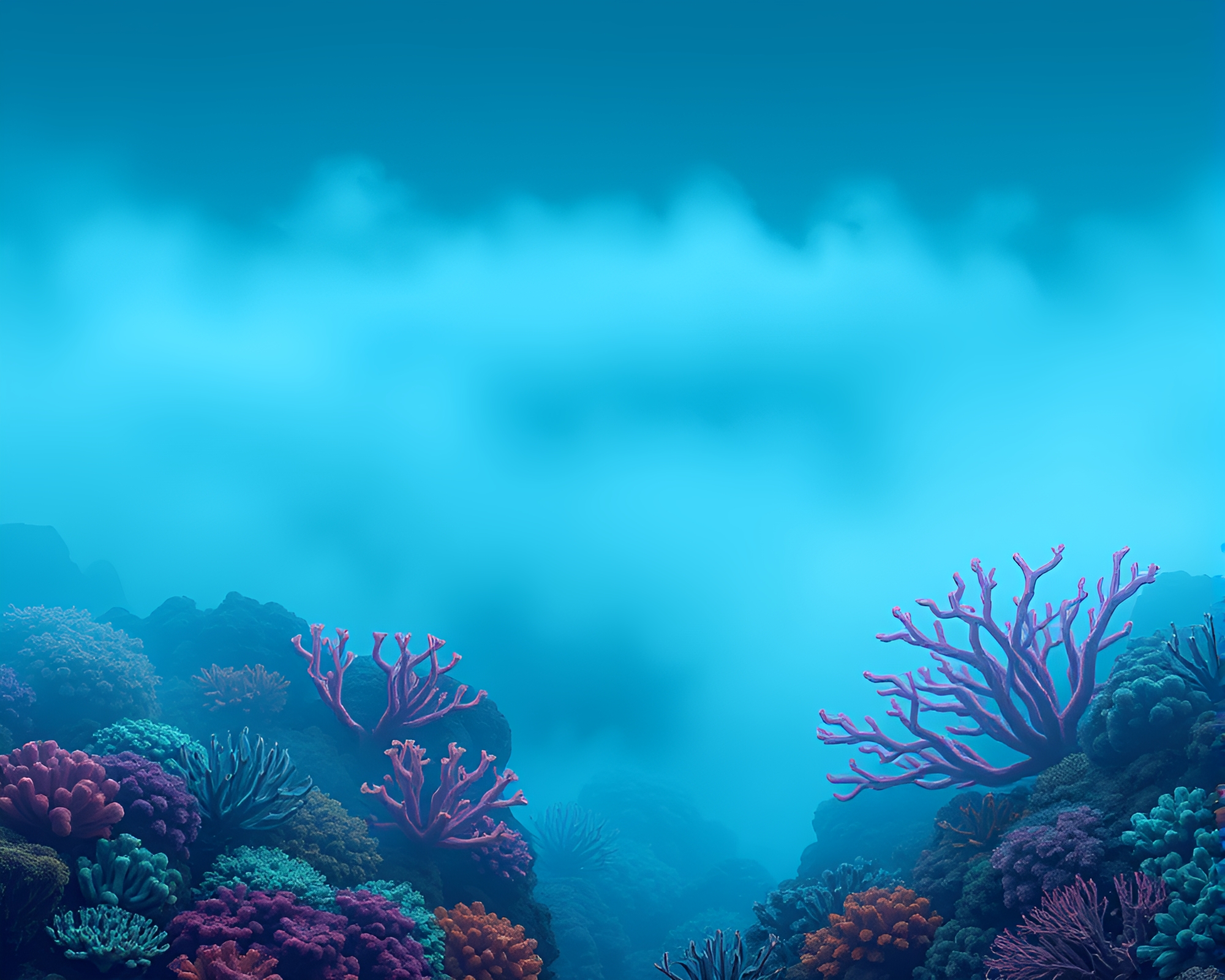 Mystical Coral Reef through Ocean Blue Mist – free AI stock image