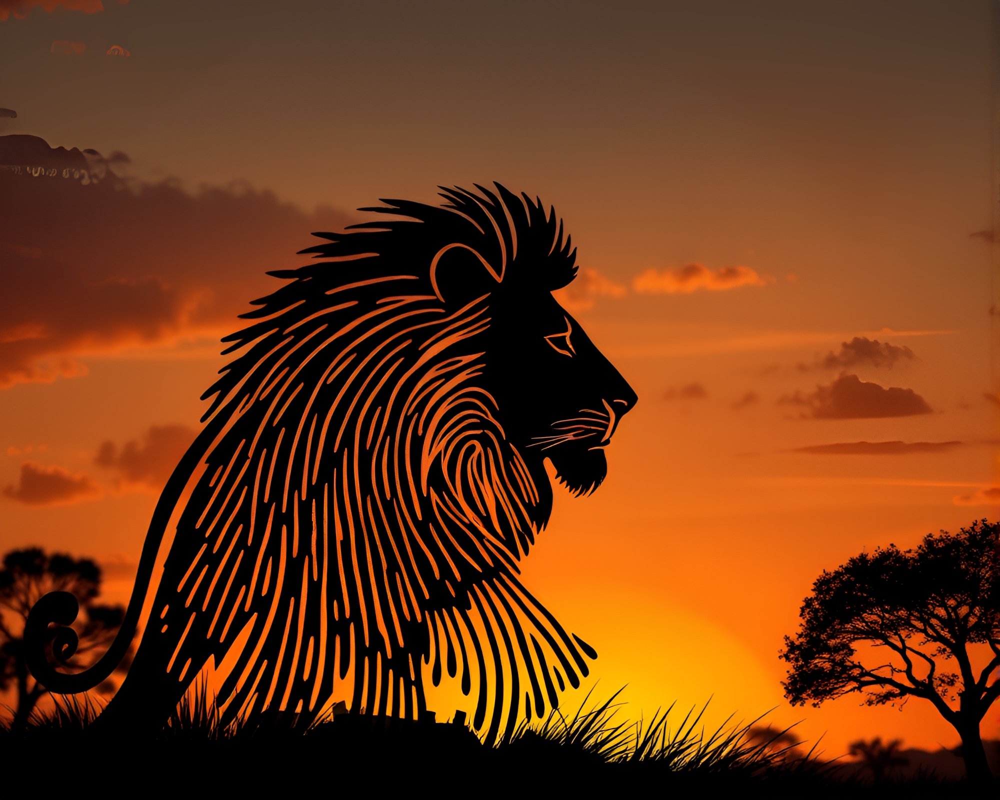 Lion King Sunset Fingerprint Silhouette Illustration – free AI stock image