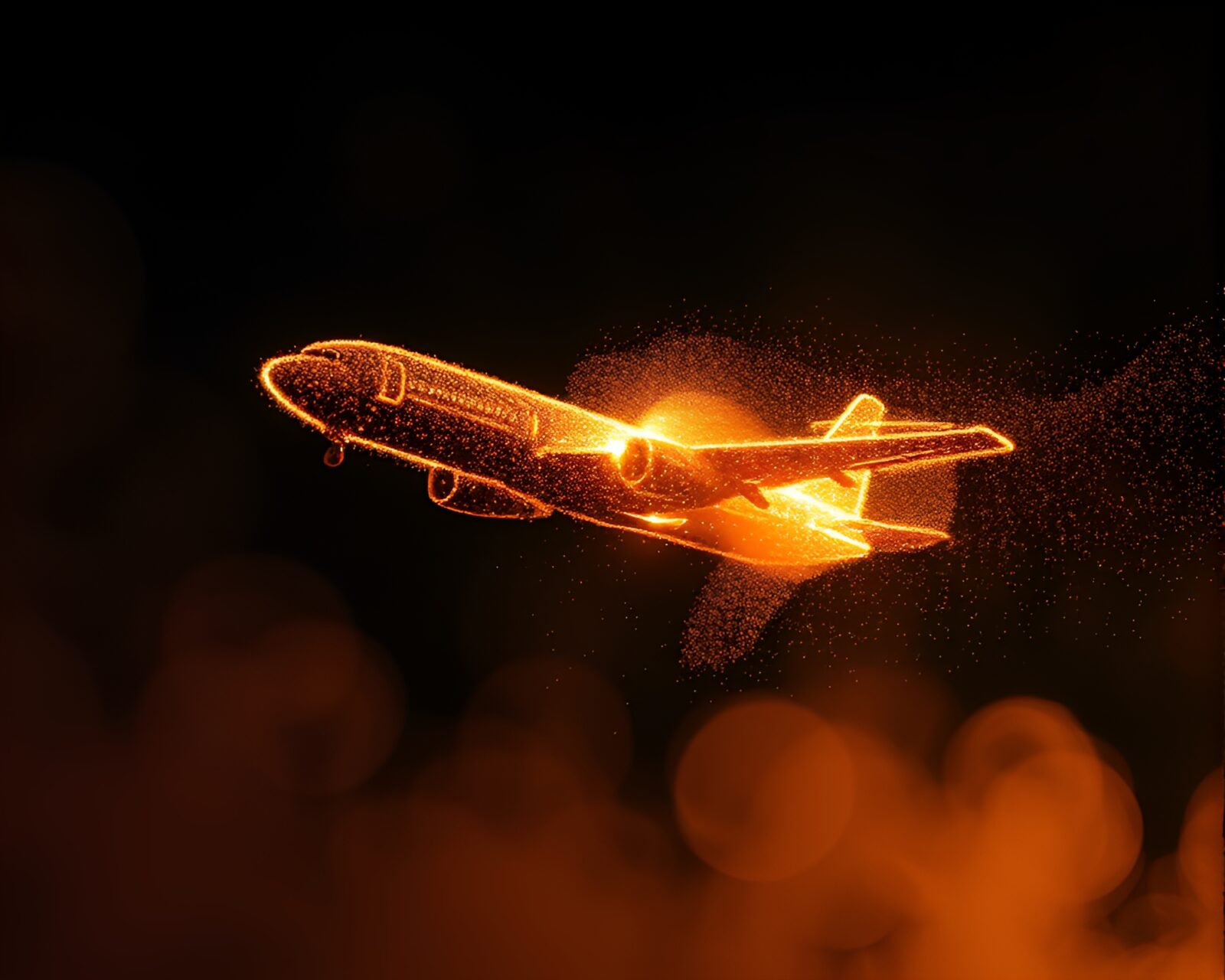 Ethereal airplane made of smoke rings and glitter dust particles