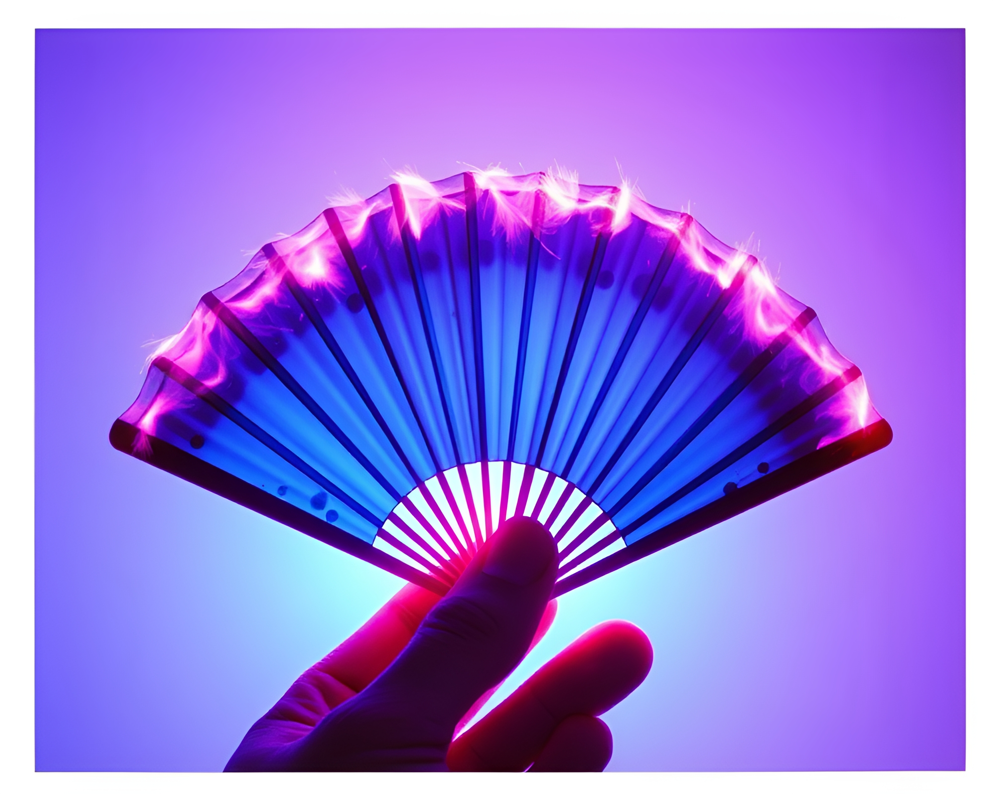 Hand-painted Fan in Ultraviolet Glow with Polaroid Edge – free AI stock image