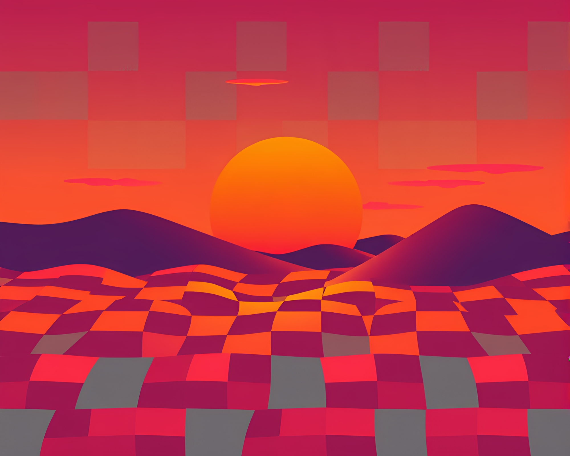 Retro Wave Grid Sunset Checkered Pattern Art – free AI stock image