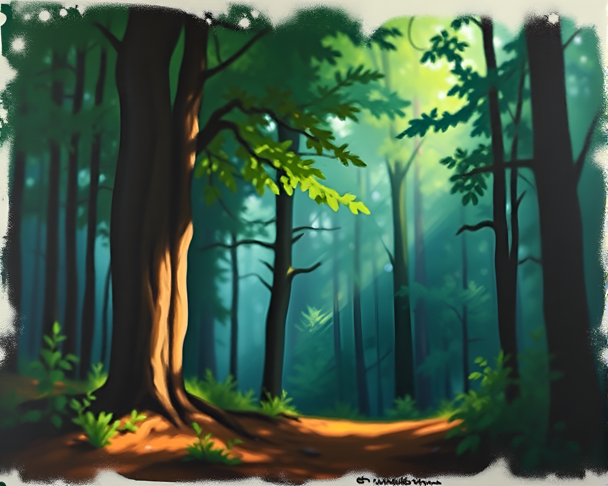 Enchanted Forest with Dreamy Rim Lighting Acrylic Painting – free AI stock image