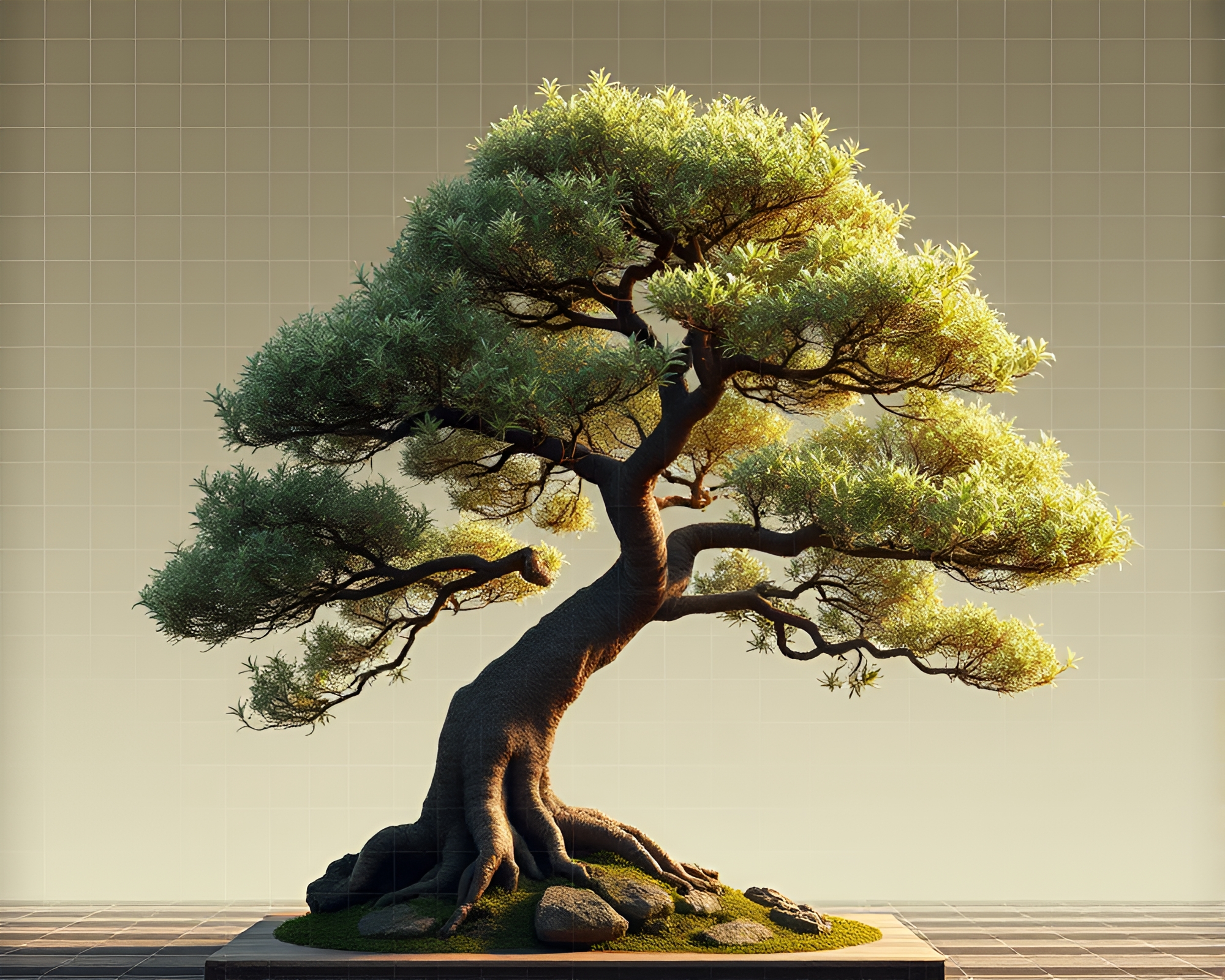 Bonsai Tree Grid Overlay: Retro Scanlines Natural Light – free AI stock image