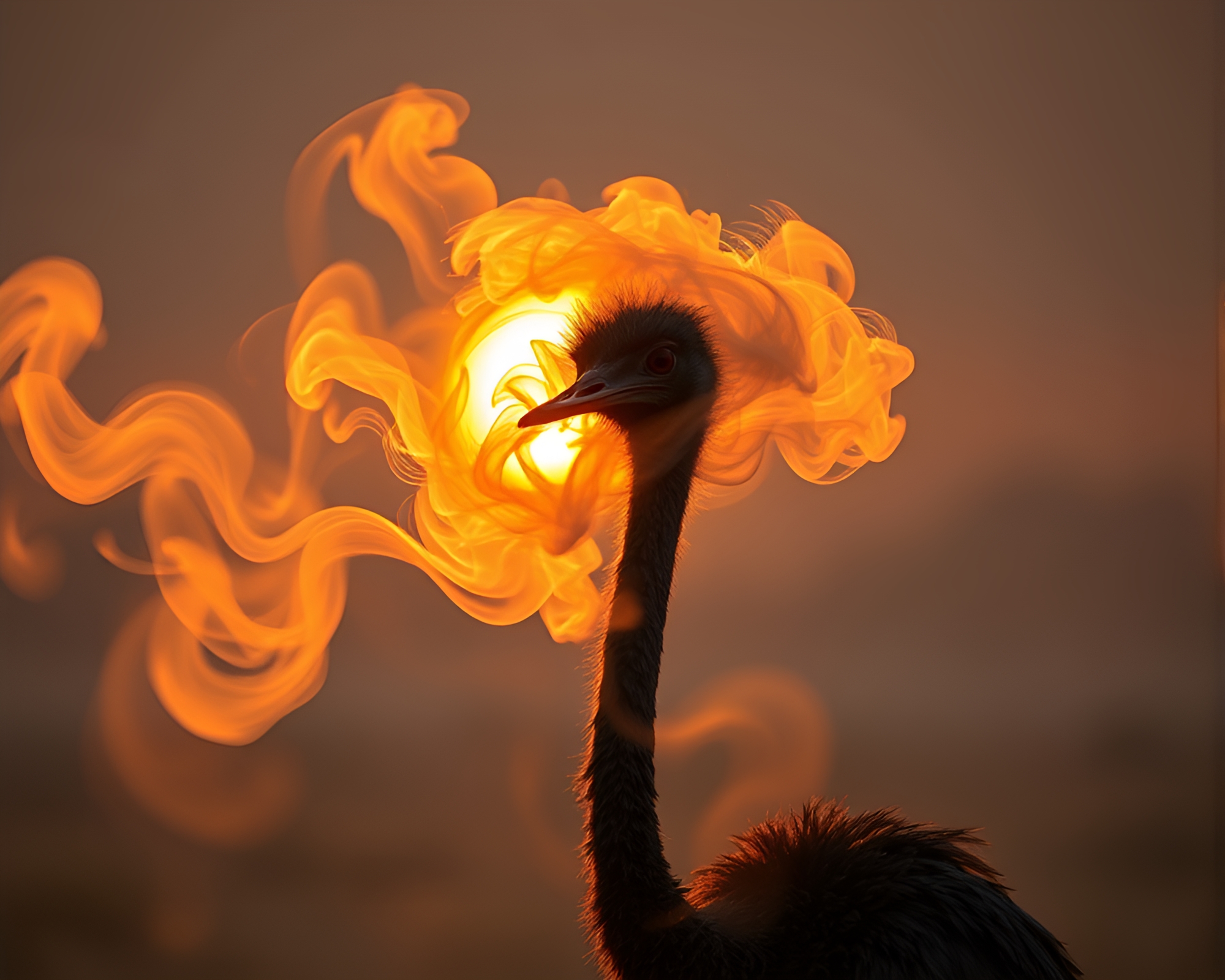 Ethereal Smoke Swirls around Majestic Ostrich at Dawn – free AI stock image