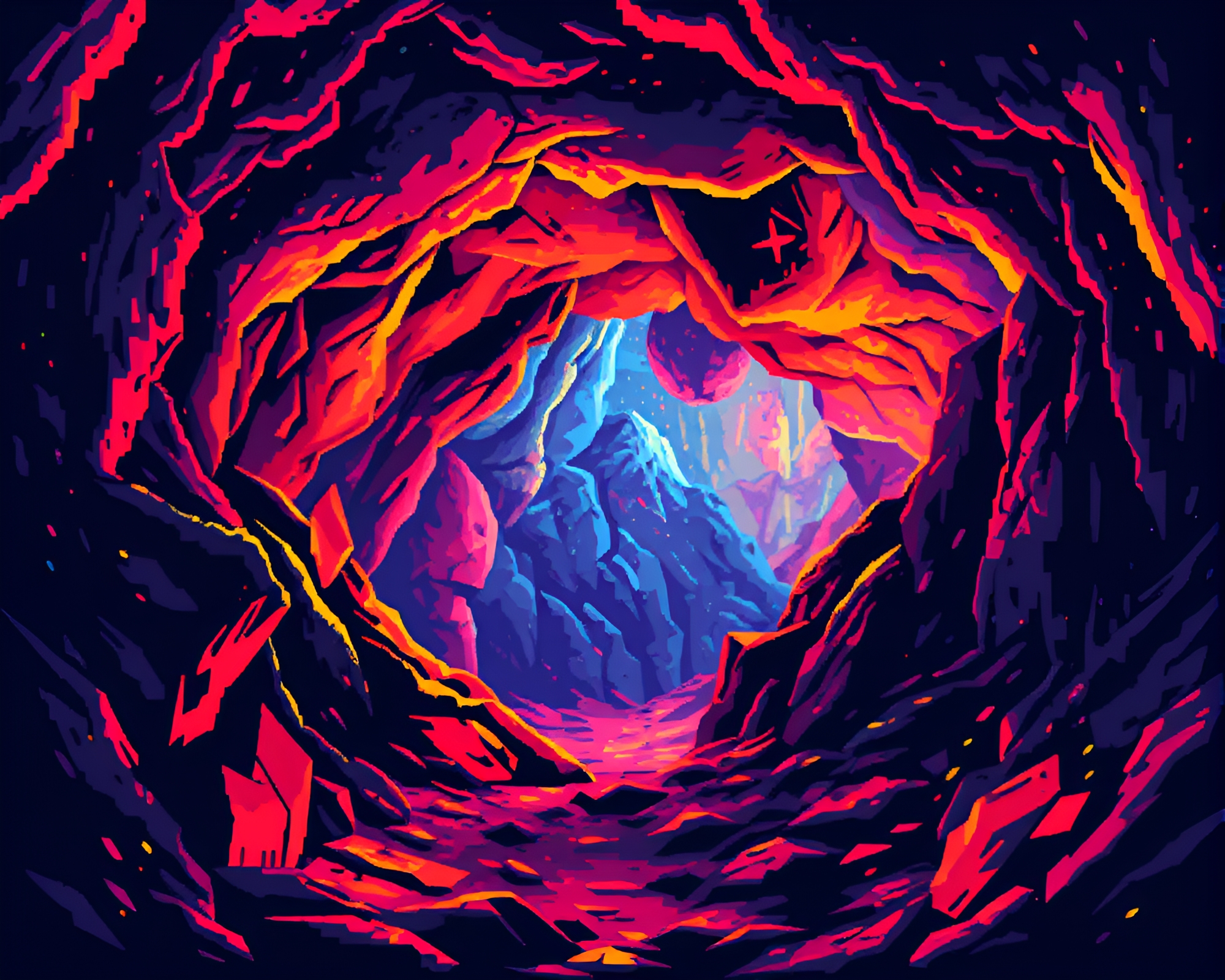 Fluorescent Cave Painting in Pixelated Sgraffito Style – free AI stock image