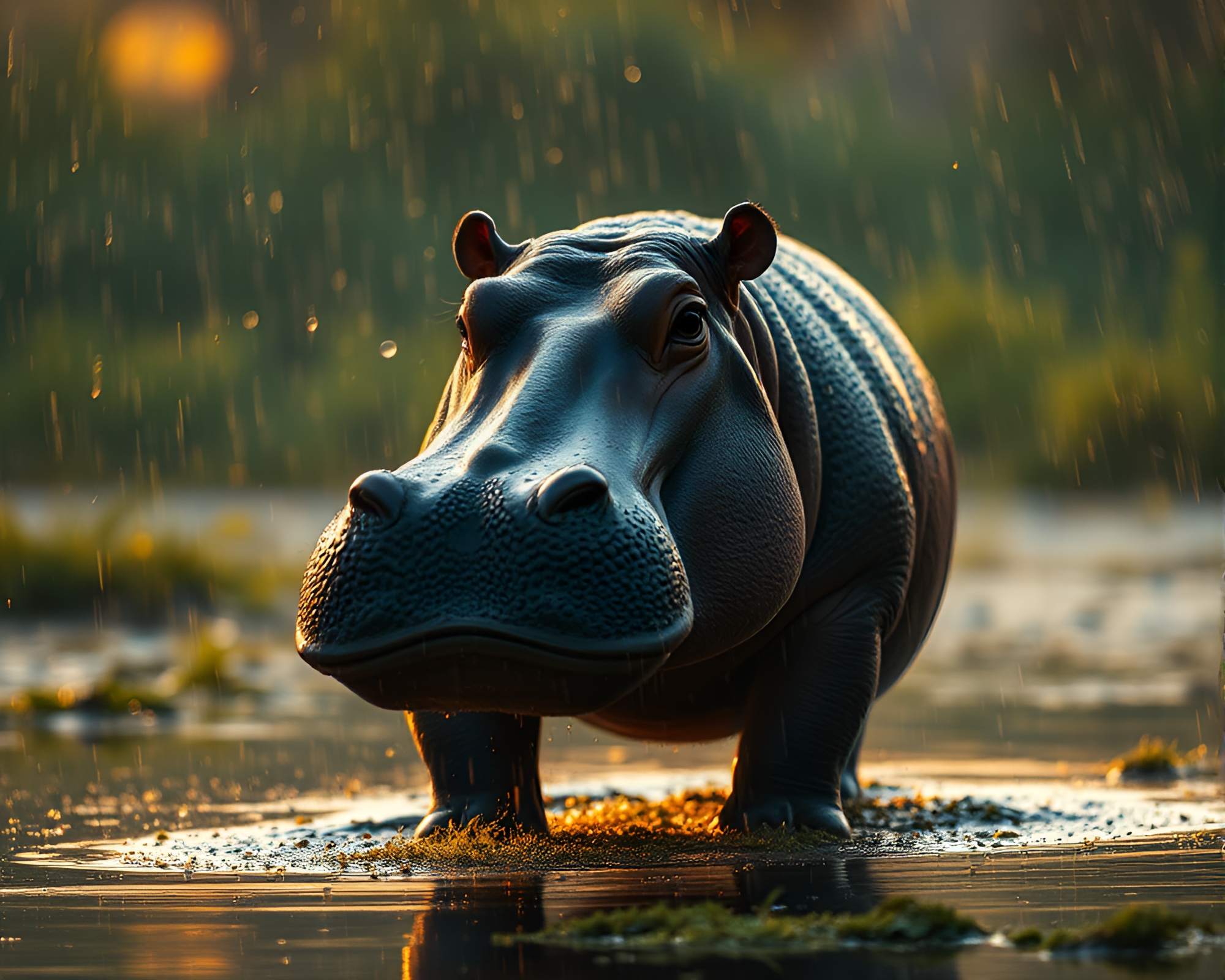 Golden Hour Hippopotamus in Rain Droplets – free AI stock image