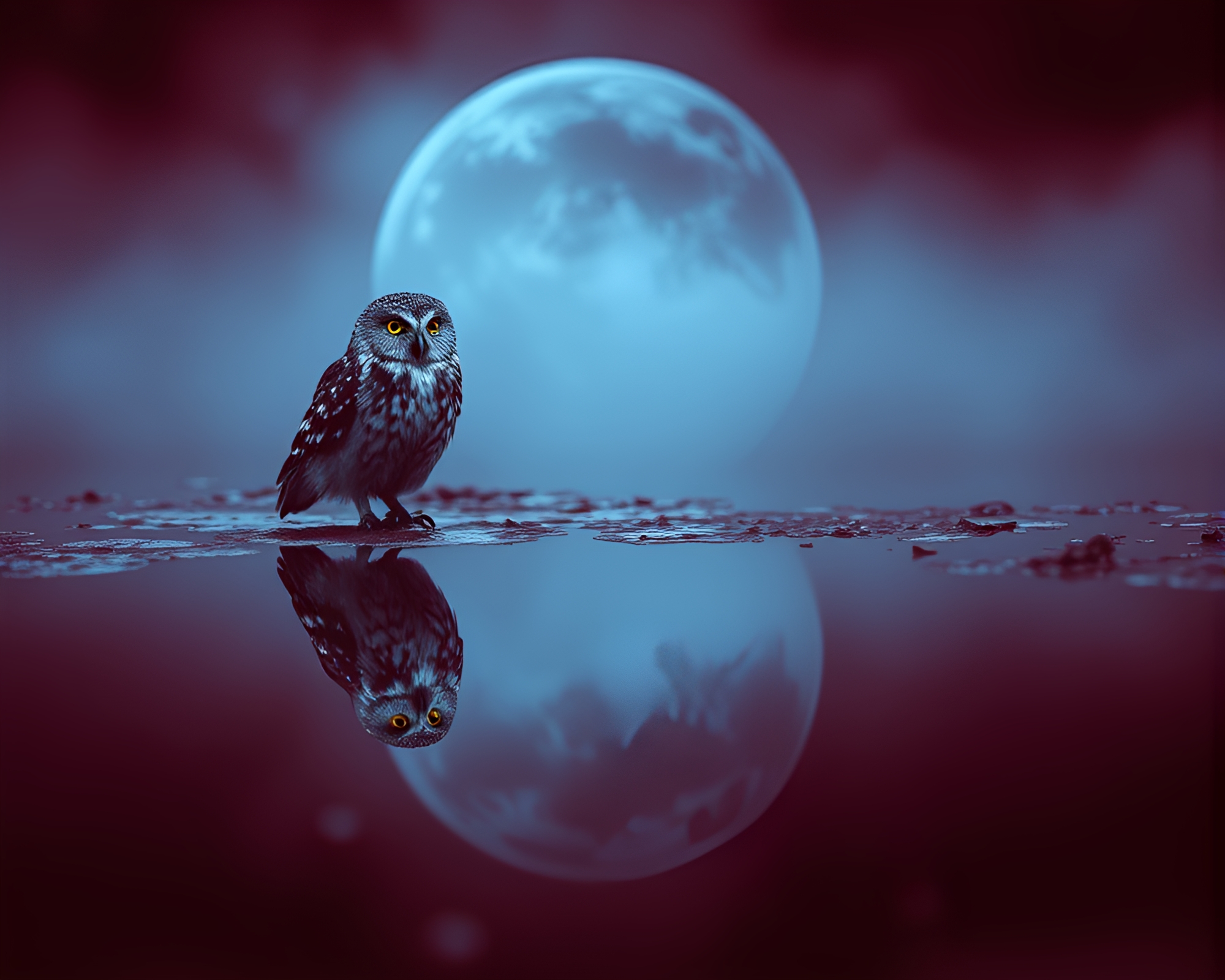 Clockwork owl reflected in vibrant duotone puddle – free AI stock image